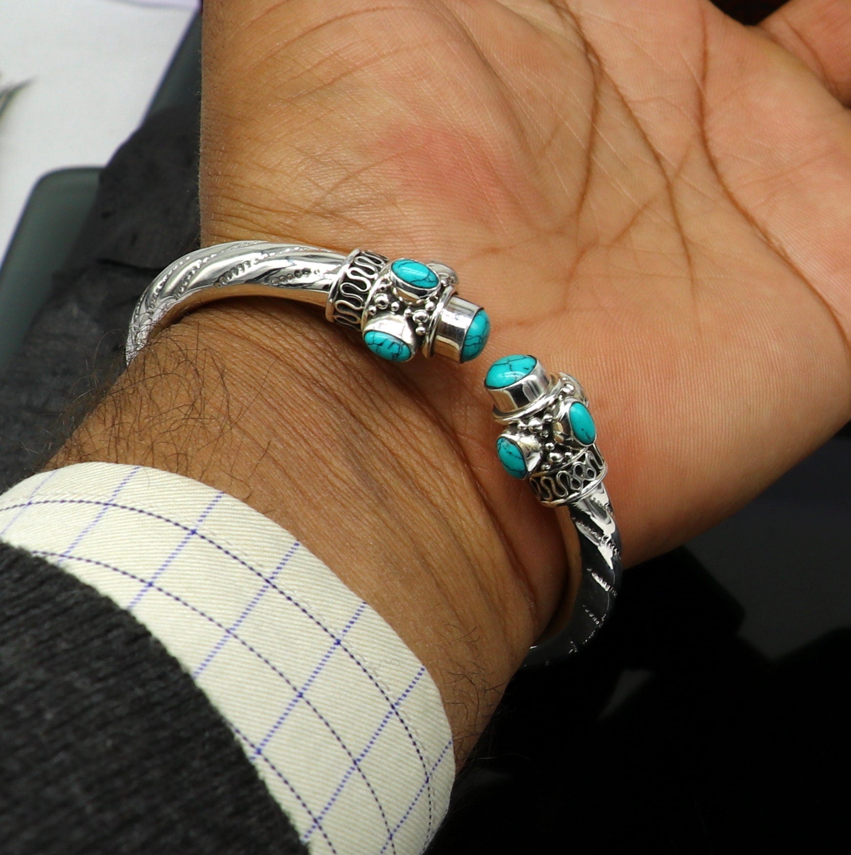 925 sterling silver customized flexible bangle bracelet, unique stylish best gifting bangle, fabulous blue turquoise stone jewelry nssk315 - TRIBAL ORNAMENTS