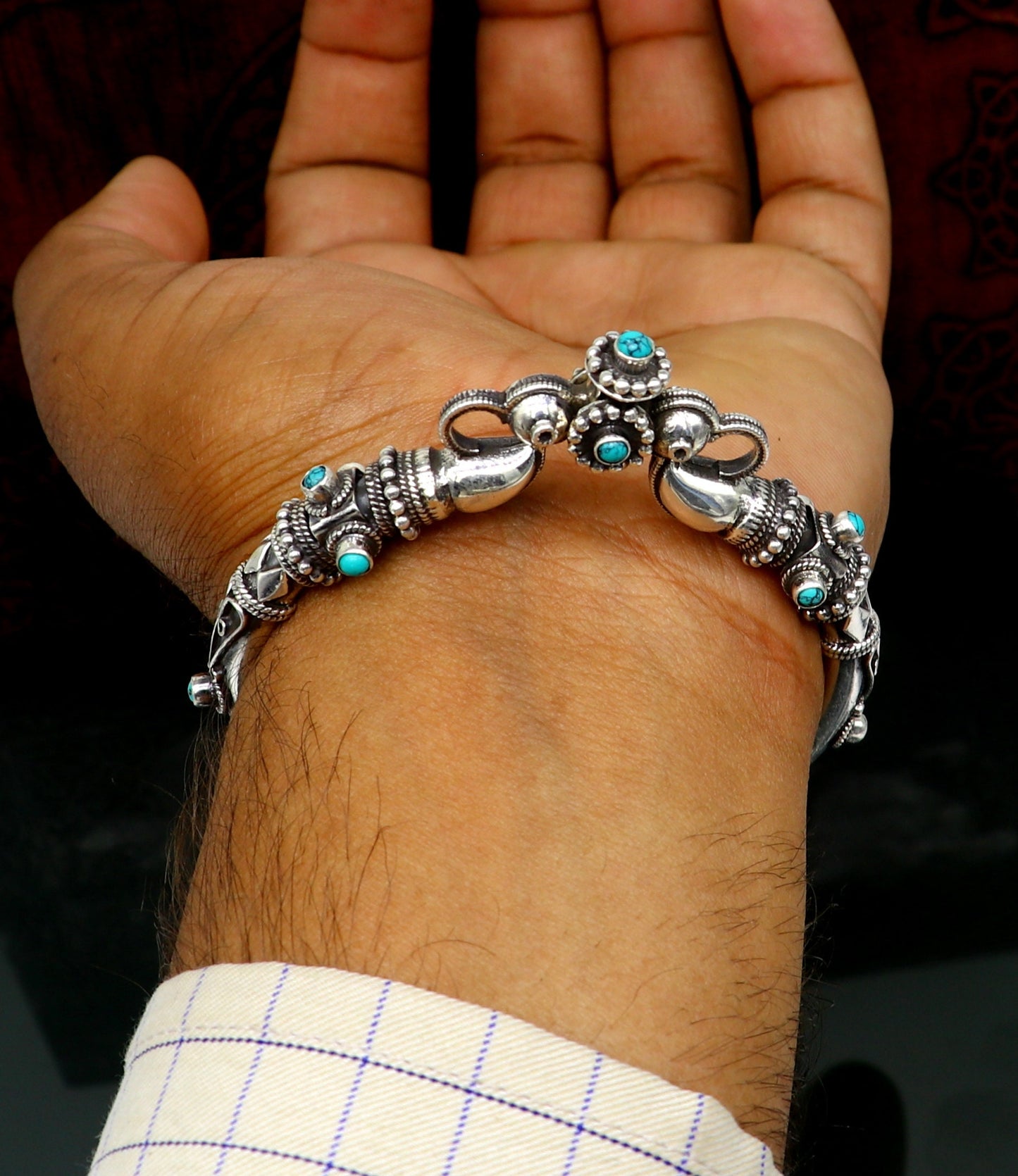 925 Sterling silver handmade Indian traditional vintage antique design customized tribal ethnic belly dance bangle bracelet kada nssk342 - TRIBAL ORNAMENTS