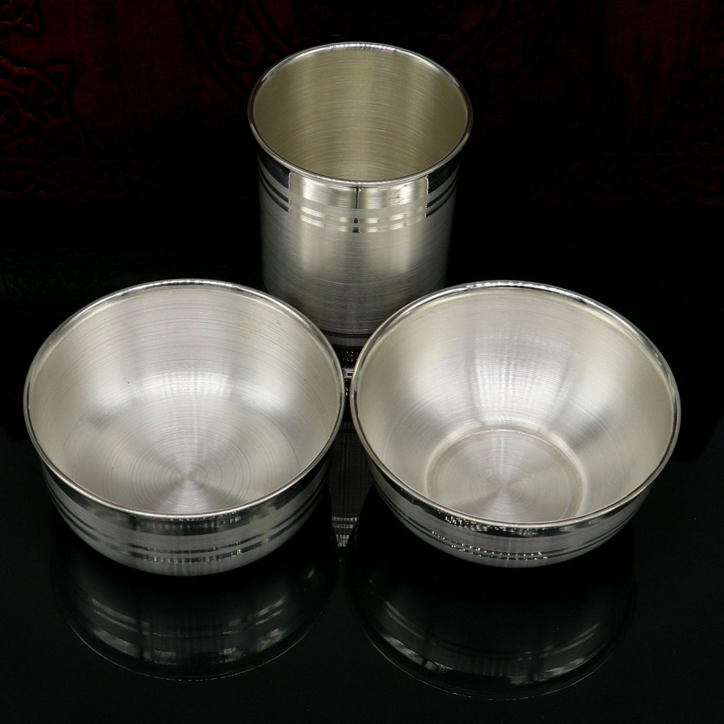 999 pure silver combo of two different design bowl and glass, silver vessel, silver baby utensils, silver puja article, puja utensils sv109 - TRIBAL ORNAMENTS