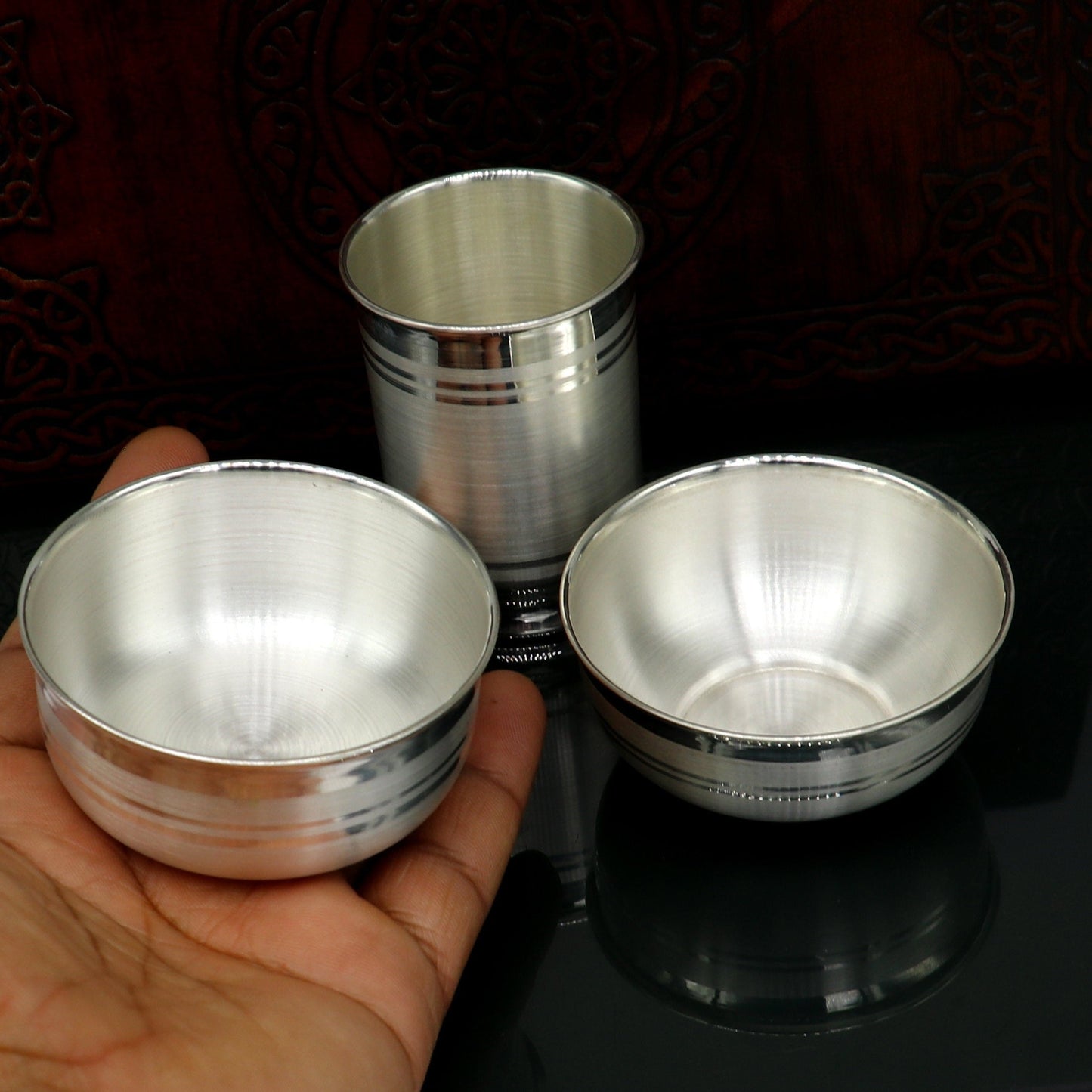 999 pure silver combo of two different design bowl and glass, silver vessel, silver baby utensils, silver puja article, puja utensils sv109 - TRIBAL ORNAMENTS