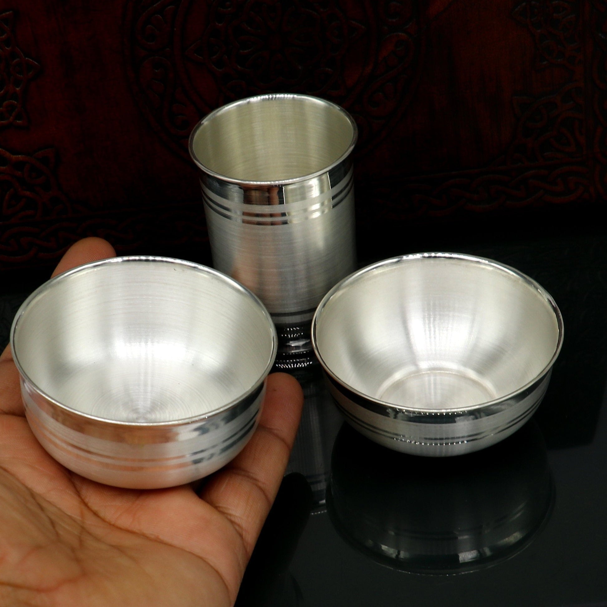 999 pure silver combo of two different design bowl and glass, silver vessel, silver baby utensils, silver puja article, puja utensils sv109 - TRIBAL ORNAMENTS