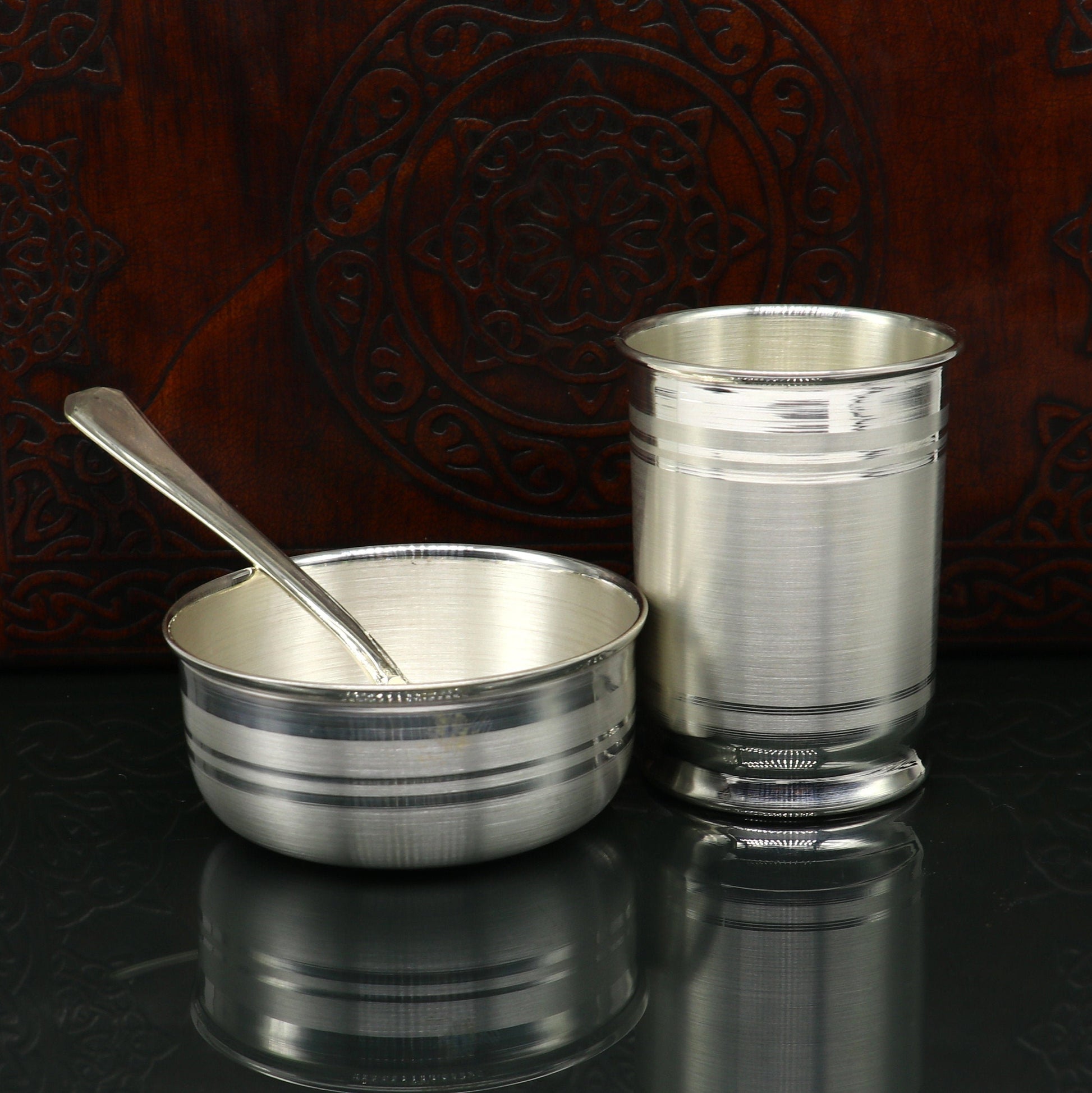 999 pure silver combo bowl and Water/milk tumbler, silver vessel, silver baby utensils, silver puja article, puja gifting utensils sv110 - TRIBAL ORNAMENTS