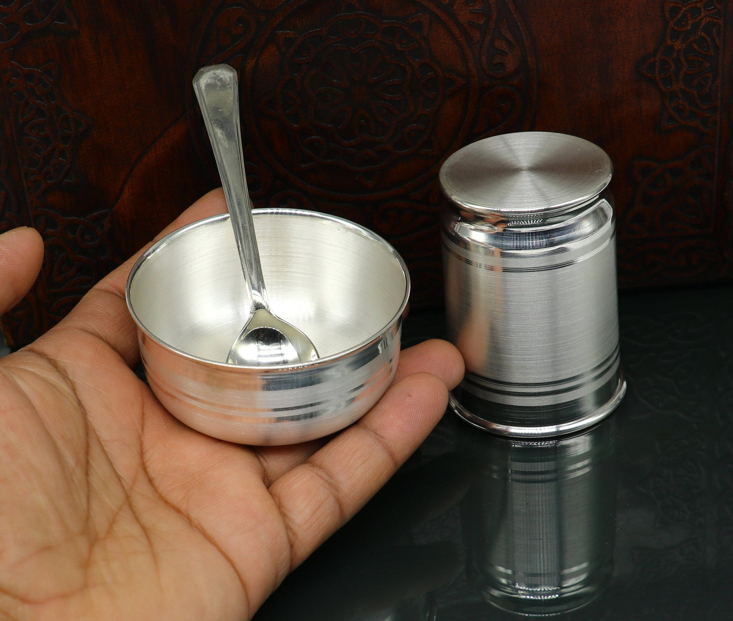 999 pure silver combo bowl and Water/milk tumbler, silver vessel, silver baby utensils, silver puja article, puja gifting utensils sv110 - TRIBAL ORNAMENTS