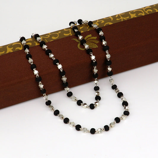 925 Silver handcrafted Black Basil rosary beads with silver beads necklace chain tulsi mala use in Ayurveda feel protected and focused ch102 - TRIBAL ORNAMENTS