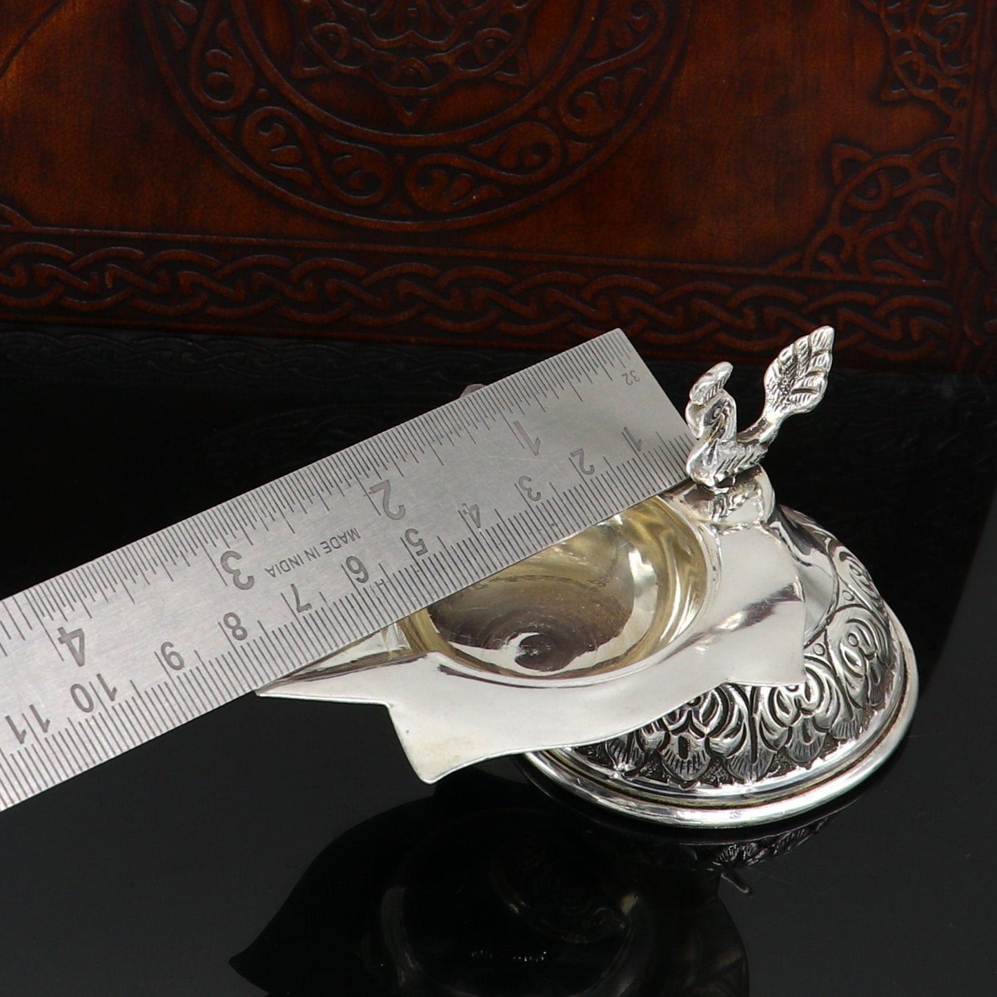 Fine 925 silver handmade kandrai work peacock design oil lamp, diya, deepak/dipak, silver utensil best gifting silver article utensils su144 - TRIBAL ORNAMENTS