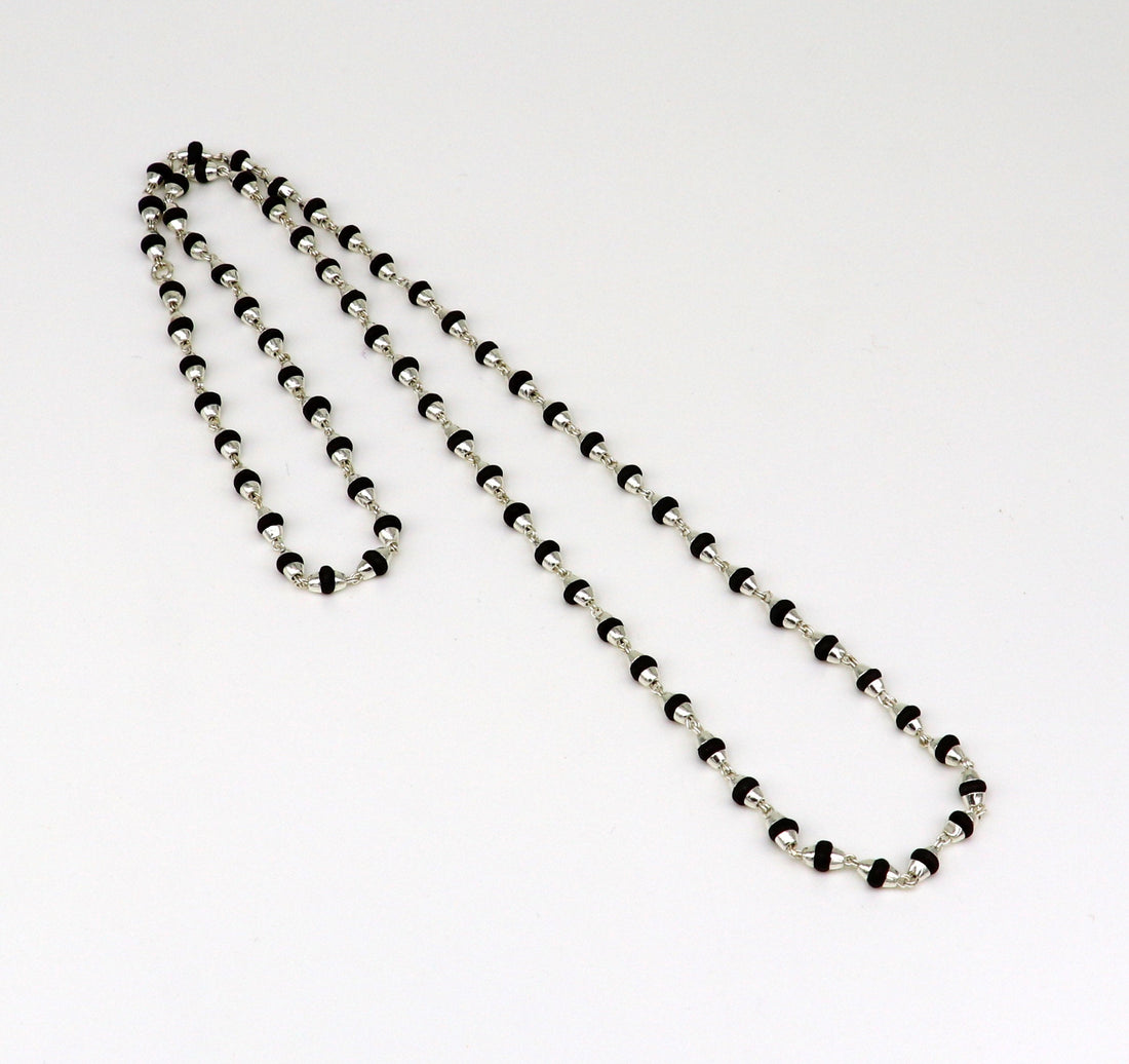 925 sterling silver black basil rosary wooden beads 4mm solid chain necklace, excellent 24" unisex stylish necklace from india ch103 - TRIBAL ORNAMENTS