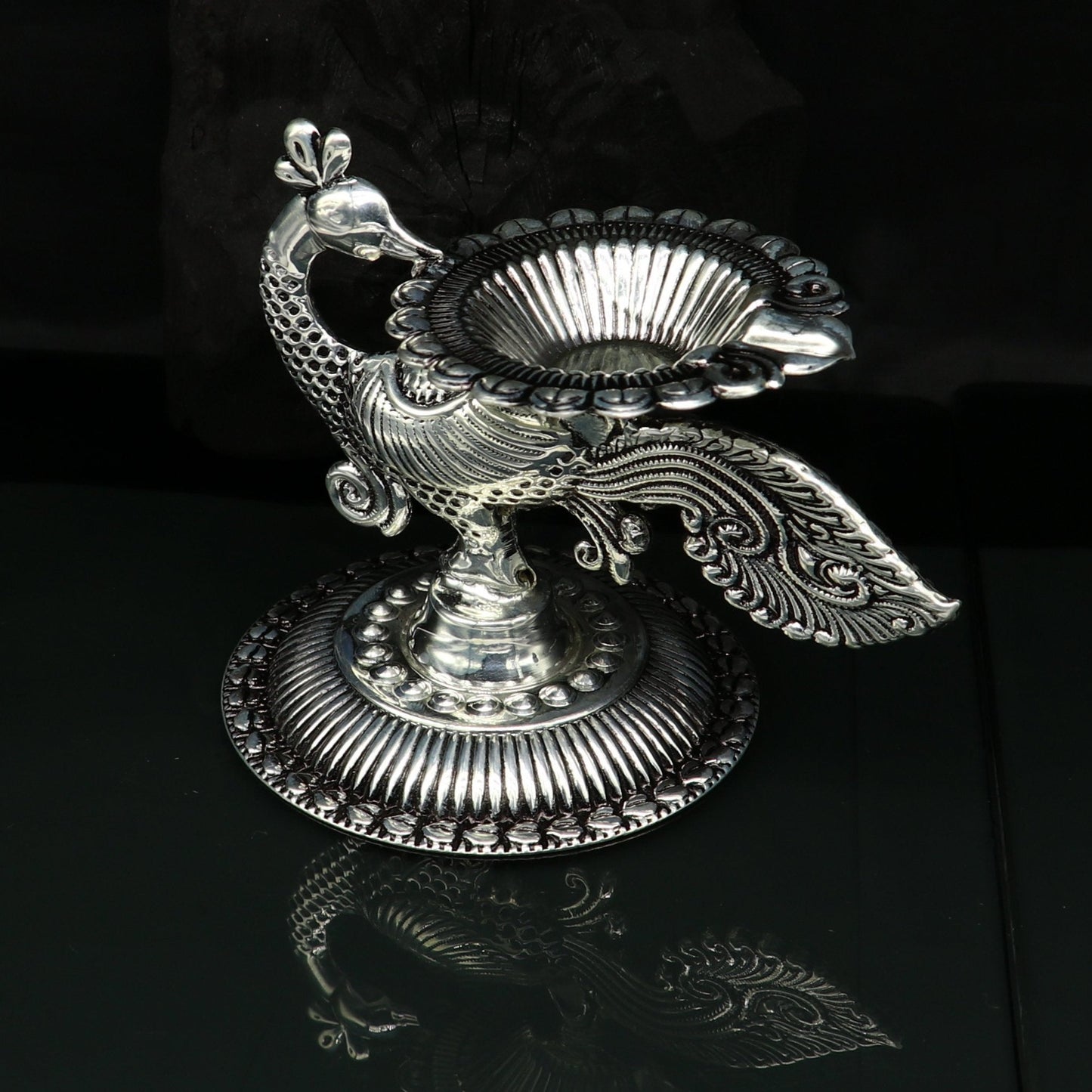 925 Sterling silver customized kandrai/chitai work vintage peacock design oil lamp, silver deepak, silver diya, silver articles su86 - TRIBAL ORNAMENTS