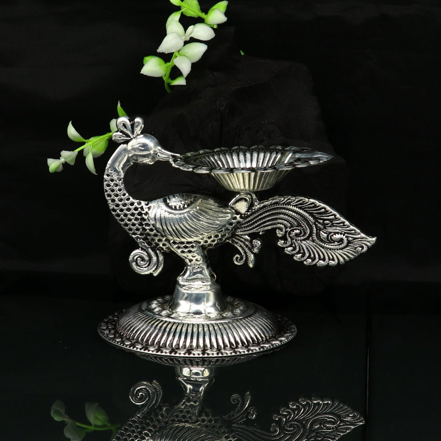 925 Sterling silver customized kandrai/chitai work vintage peacock design oil lamp, silver deepak, silver diya, silver articles su86 - TRIBAL ORNAMENTS