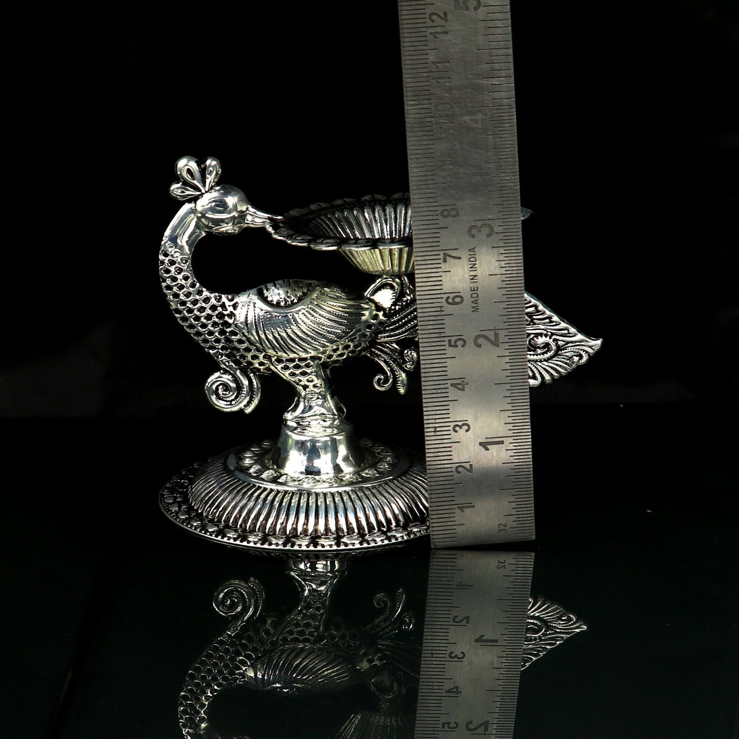 925 Sterling silver customized kandrai/chitai work vintage peacock design oil lamp, silver deepak, silver diya, silver articles su86 - TRIBAL ORNAMENTS