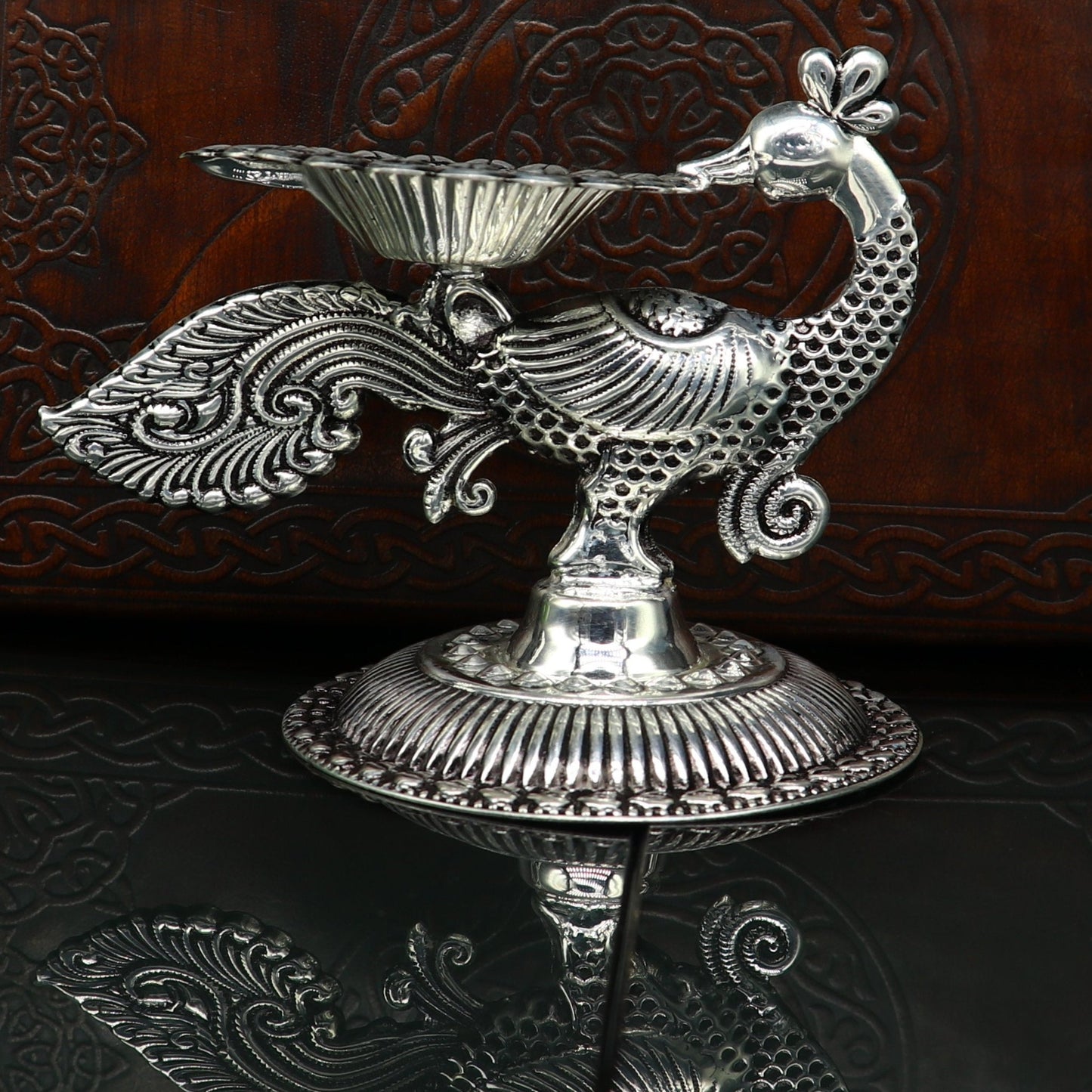 925 Sterling silver customized kandrai/chitai work vintage peacock design oil lamp, silver deepak, silver diya, silver articles su86 - TRIBAL ORNAMENTS