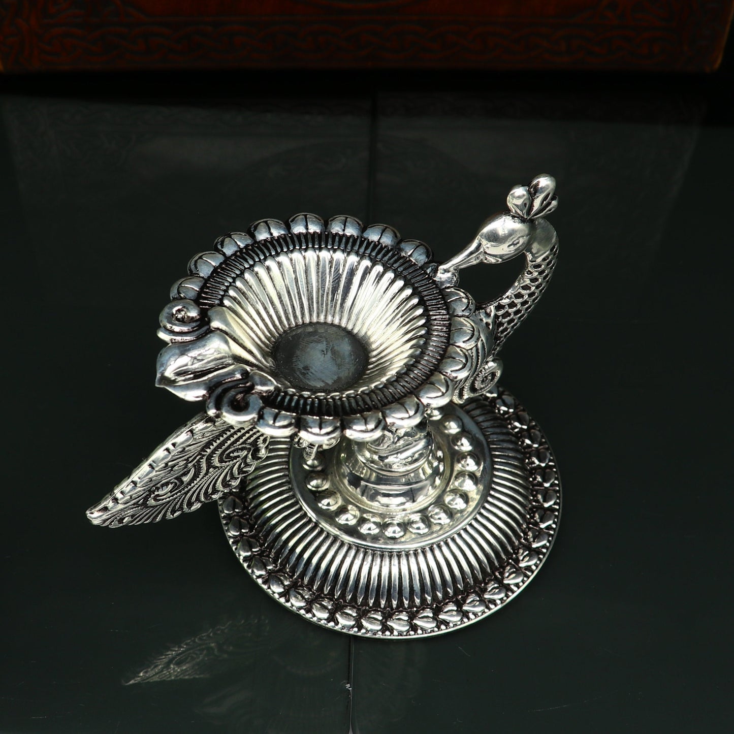 925 Sterling silver customized kandrai/chitai work vintage peacock design oil lamp, silver deepak, silver diya, silver articles su86 - TRIBAL ORNAMENTS