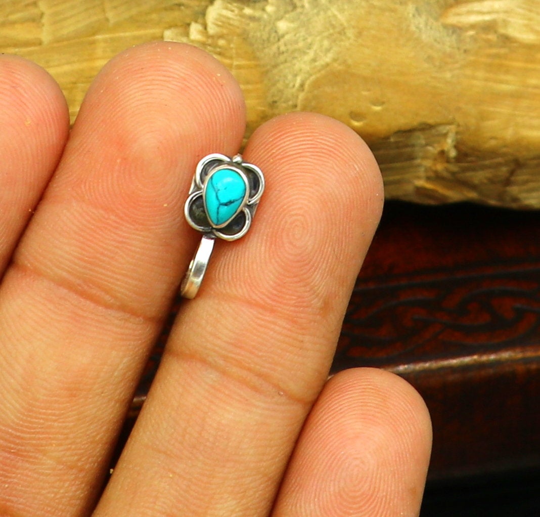 925 sterling silver customized design turquoise nose pin, clip on nose pin, un piercing nose pin, plug ,best Bollywood stylish jewelry np95 - TRIBAL ORNAMENTS