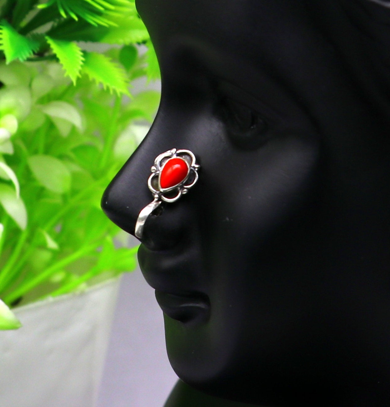 Modern trendy stylish 925 sterling silver customized single coral nose pin, best gift nose plug, clip-on nose pin, fabulous party wear np110 - TRIBAL ORNAMENTS