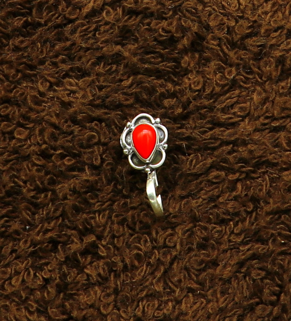 Modern trendy stylish 925 sterling silver customized single coral nose pin, best gift nose plug, clip-on nose pin, fabulous party wear np110 - TRIBAL ORNAMENTS