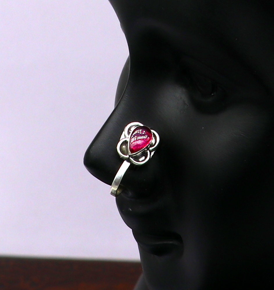 925 sterling silver vintage antique design single stone nose pin, Bollywood stylish clip on nose plug best gifting party jewelry np116 - TRIBAL ORNAMENTS