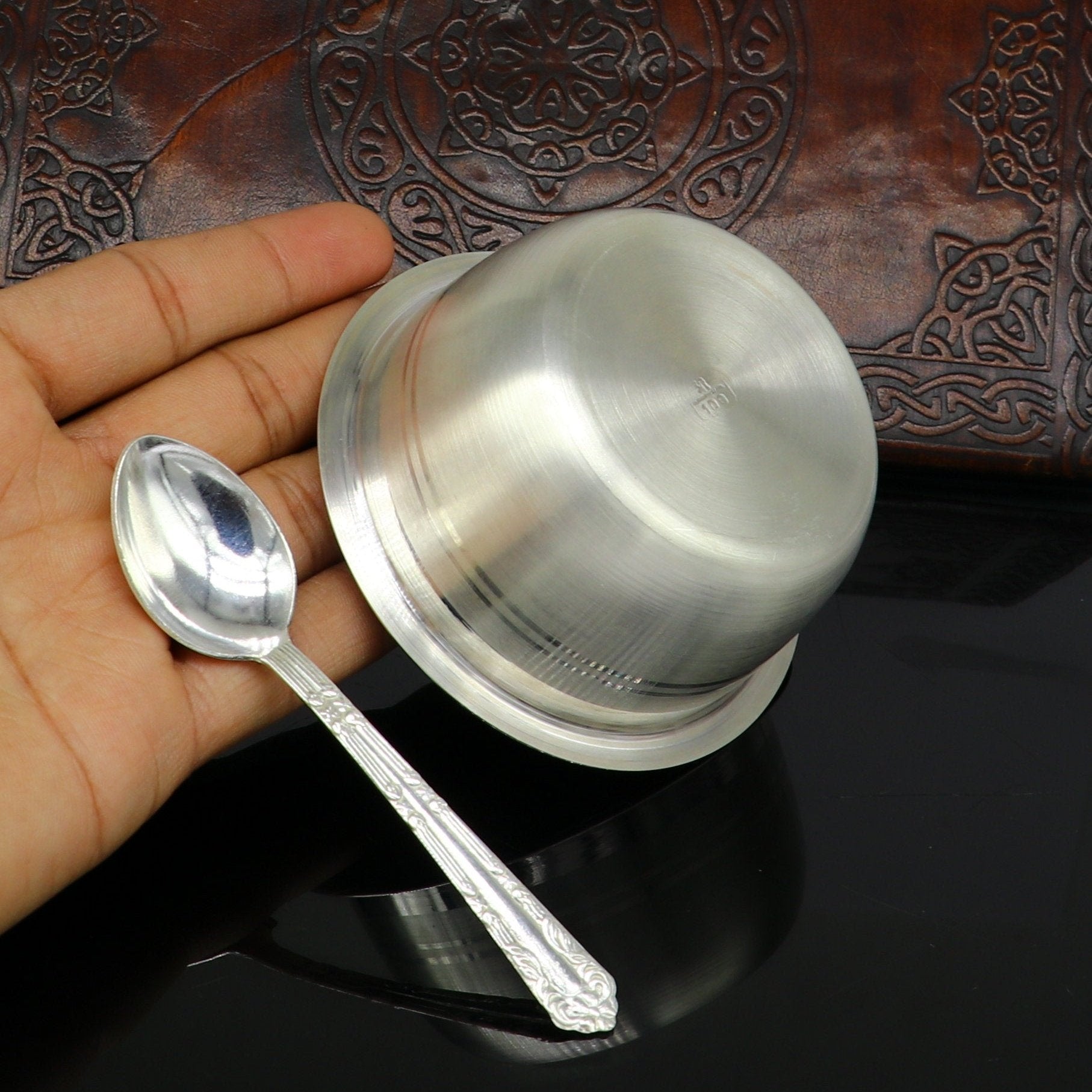 999 fine silver handmade small baby bowl and spoon set, silver tumbler, flask, stay baby/kids healthy, silver vessels utensils sv119 - TRIBAL ORNAMENTS