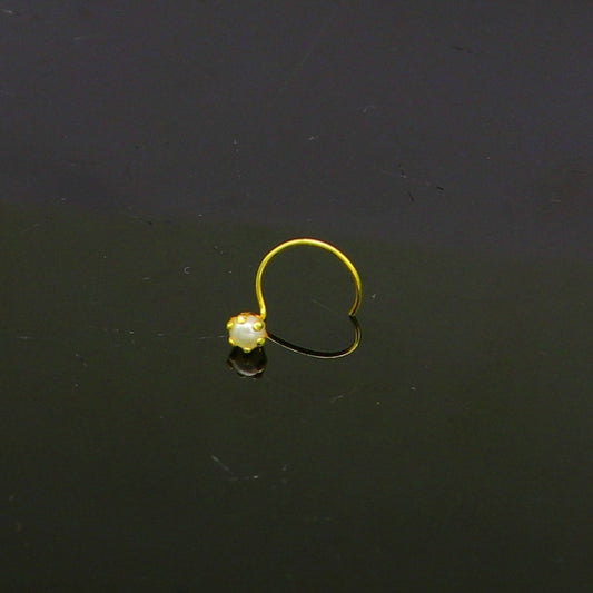 18 kt yellow fine gold customized nose pin, excellent single stone pearl nose pin, best gifting real gold jewelry for girl's women's gnp36 - TRIBAL ORNAMENTS