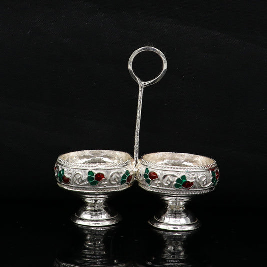 925 sterling silver handmade customized work puja utensils, silver tilak bowl, kesar chaindan kumkum patra or bowl, silver article su154 - TRIBAL ORNAMENTS