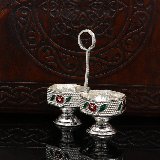 925 sterling silver handmade customized work puja utensils, silver tilak bowl, kesar chaindan kumkum patra or bowl, silver article su155 - TRIBAL ORNAMENTS