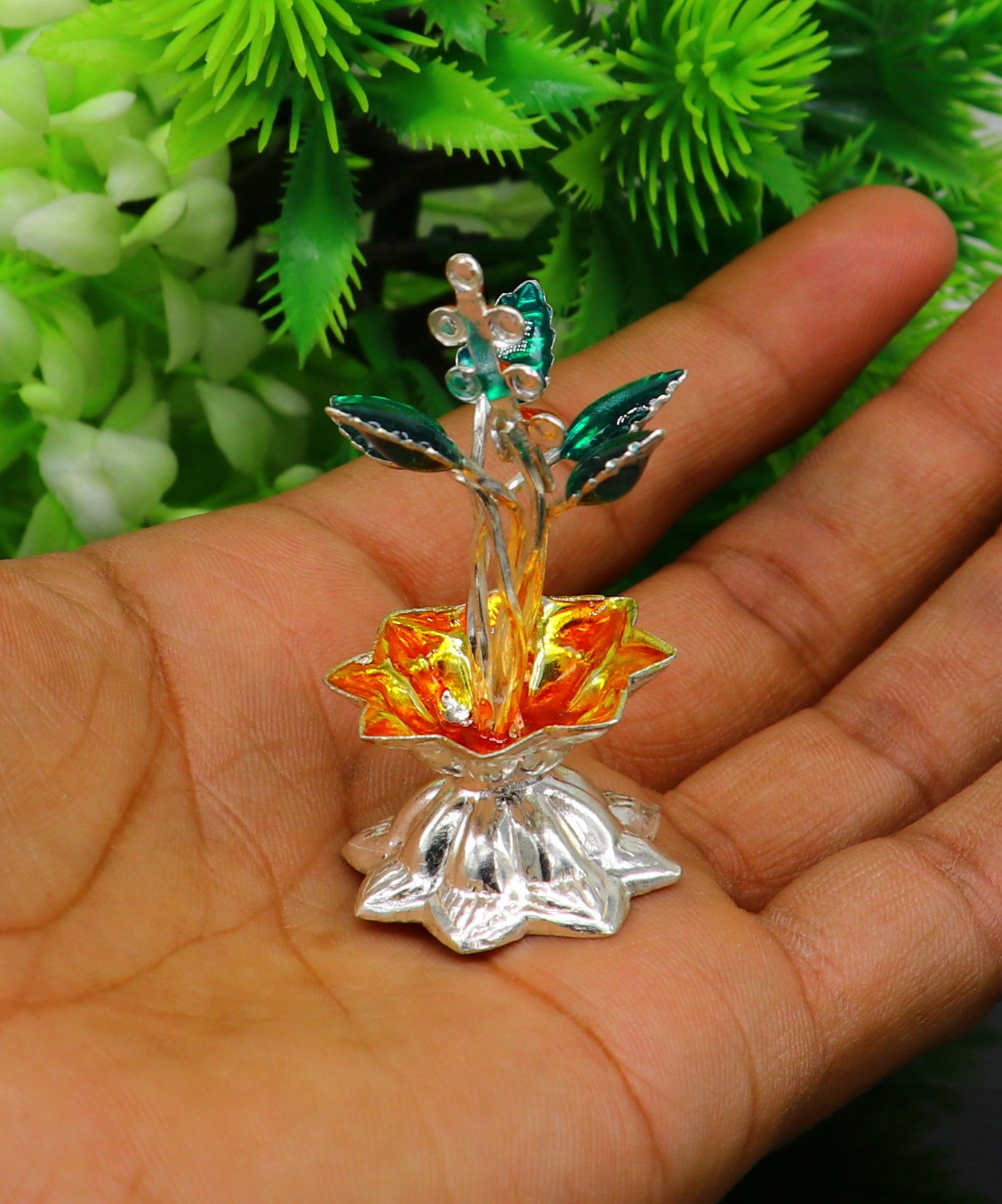 925 sterling silver handmade mini tulsi plant basil rosary plant for puja temple article, excellent customized silver utensils article su157 - TRIBAL ORNAMENTS