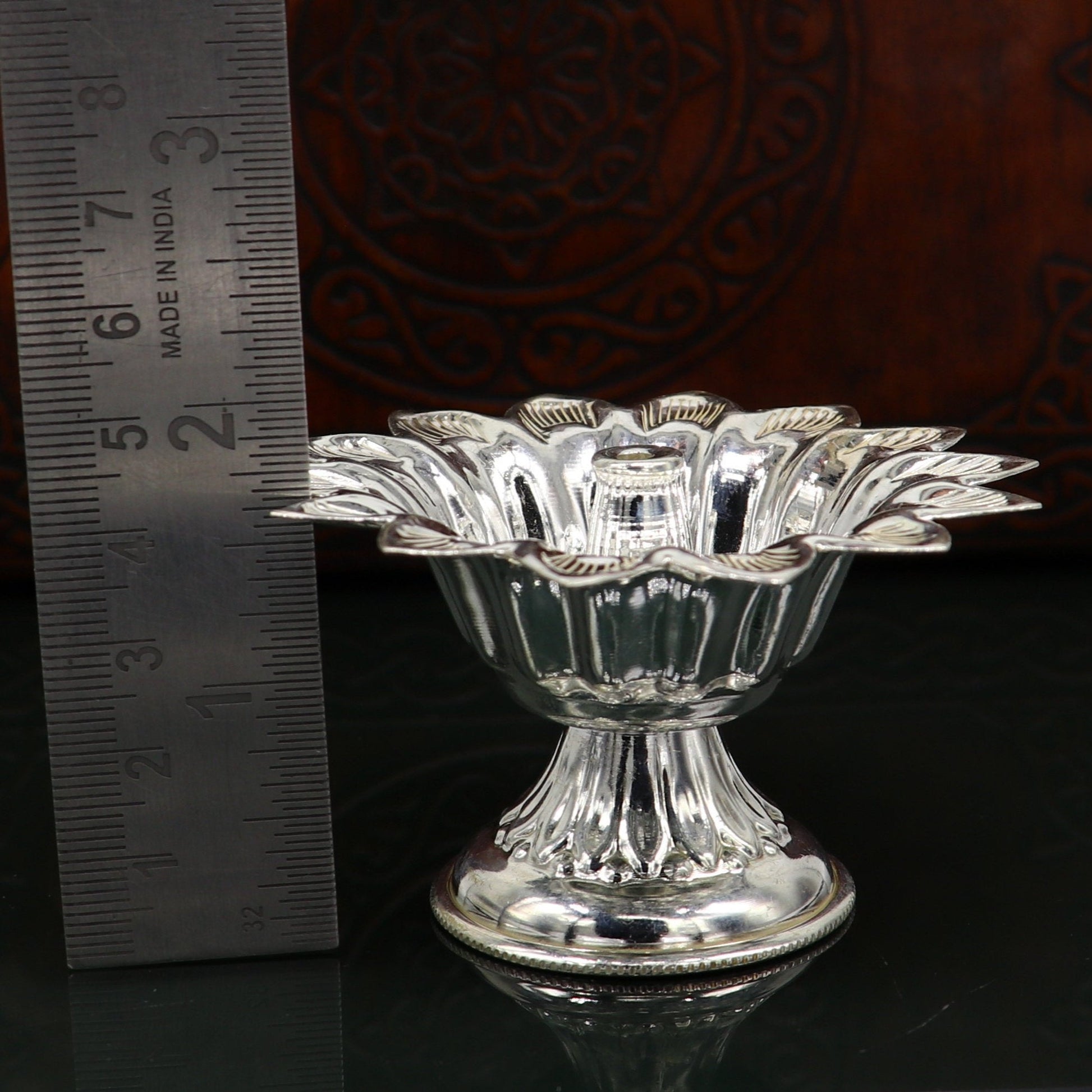 Fine 999 silver handmade flower shape oil lamp, silver temple utensils, silver diya, deepak, silver vessels, silver art decorative art su174 - TRIBAL ORNAMENTS