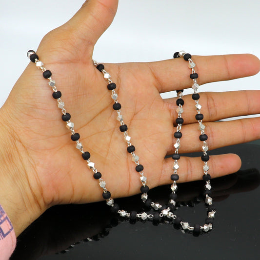 925 Silver handcrafted Black Basil rosary beads with silver beads necklace chain tulsi mala use in Ayurveda feel protected and focused ch102 - TRIBAL ORNAMENTS