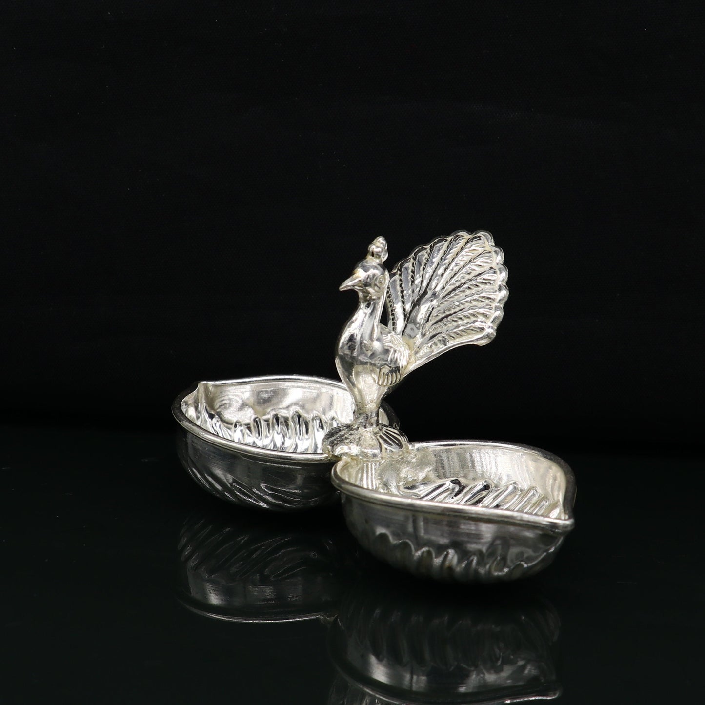 Vintage design handmade 925 sterling silver gorgeous peacock style tilak combo bowl, tilak patra, puja utensils, temple article su178 - TRIBAL ORNAMENTS