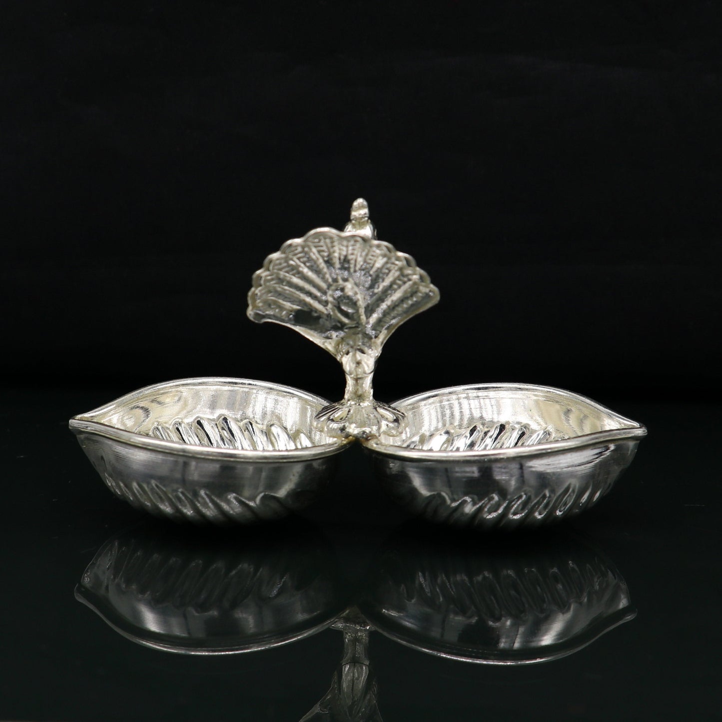 Vintage design handmade 925 sterling silver gorgeous peacock style tilak combo bowl, tilak patra, puja utensils, temple article su178 - TRIBAL ORNAMENTS