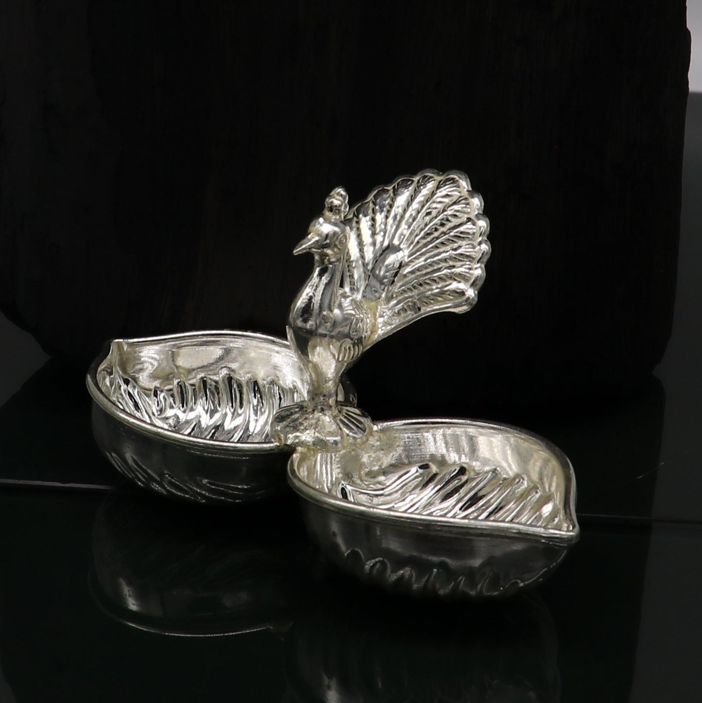 Vintage design handmade 925 sterling silver gorgeous peacock style tilak combo bowl, tilak patra, puja utensils, temple article su178 - TRIBAL ORNAMENTS