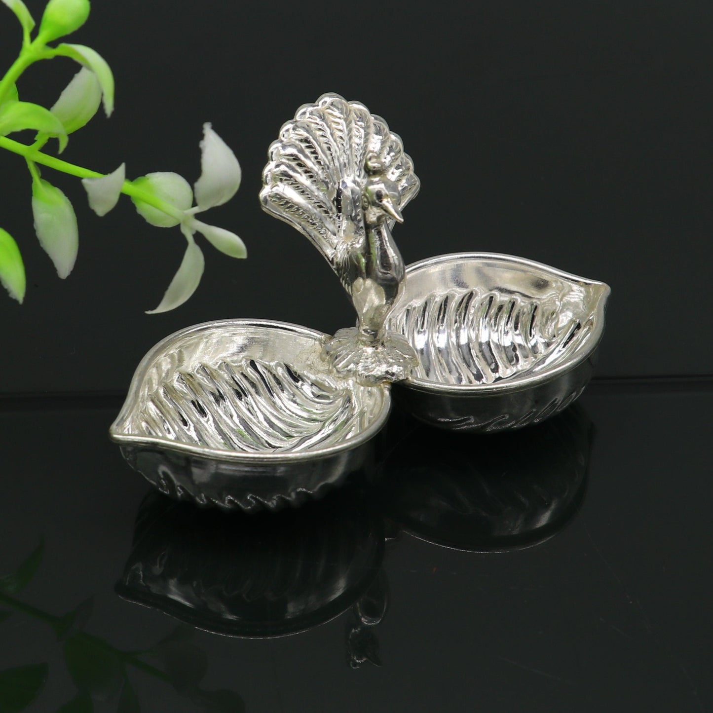 Vintage design handmade 925 sterling silver gorgeous peacock style tilak combo bowl, tilak patra, puja utensils, temple article su178 - TRIBAL ORNAMENTS