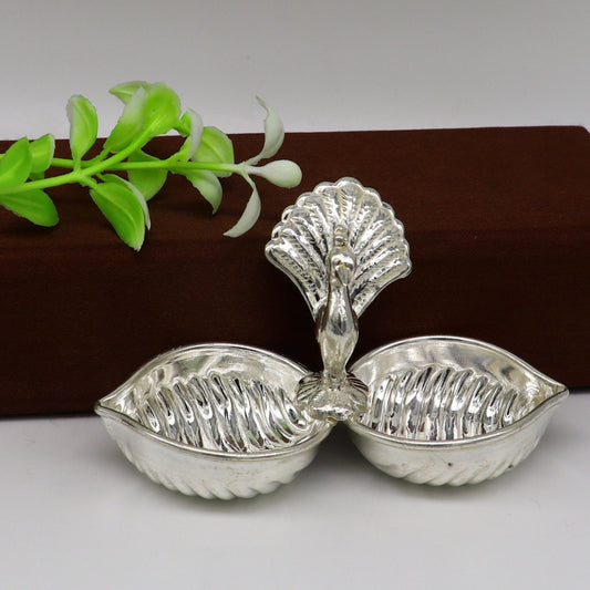 Vintage design handmade 925 sterling silver gorgeous peacock style tilak combo bowl, tilak patra, puja utensils, temple article su178 - TRIBAL ORNAMENTS