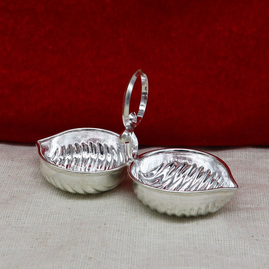 Handmade pure 925 sterling silver gorgeous leaf design stylish tilak combo mini bowl, tilak patra, puja utensils, temple article su180 - TRIBAL ORNAMENTS