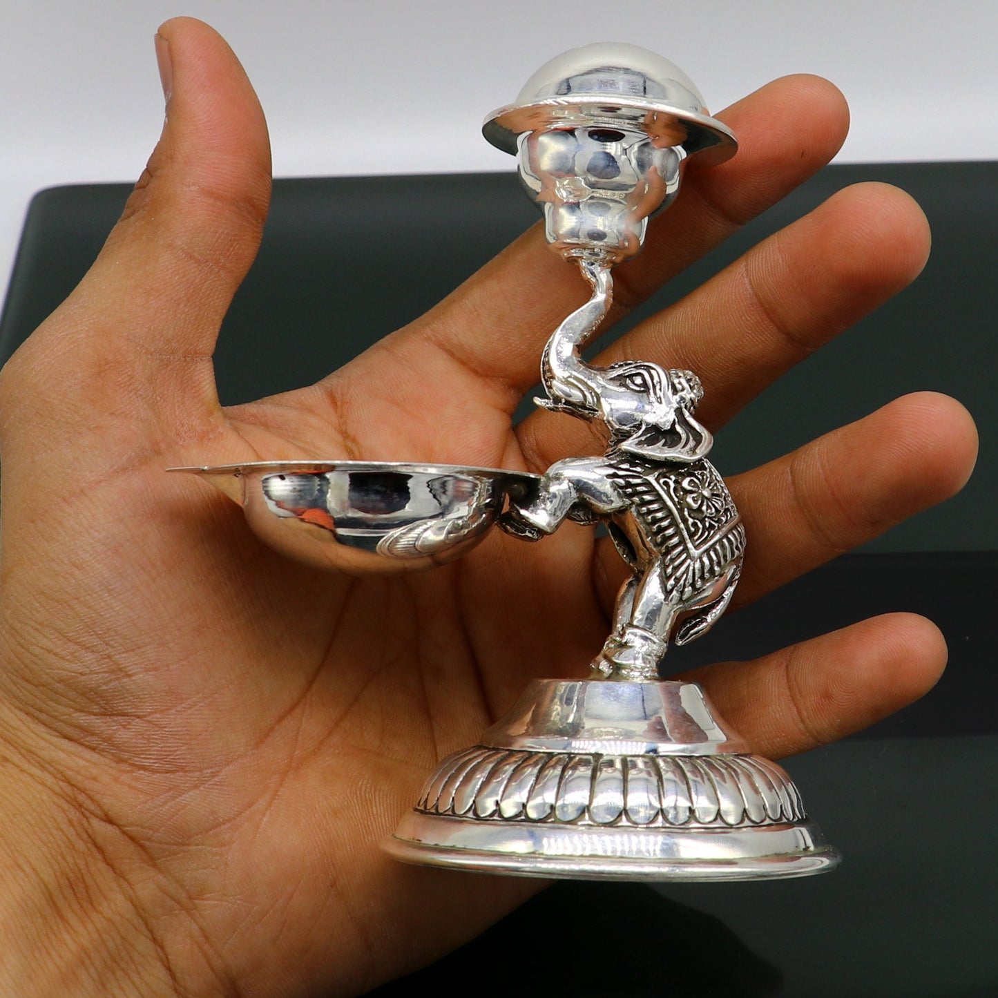 925 sterling silver gorgeous handcrafted elephant work oil lamp incense stick holder, silver Deepak, silver article, puja utensils art su90 - TRIBAL ORNAMENTS
