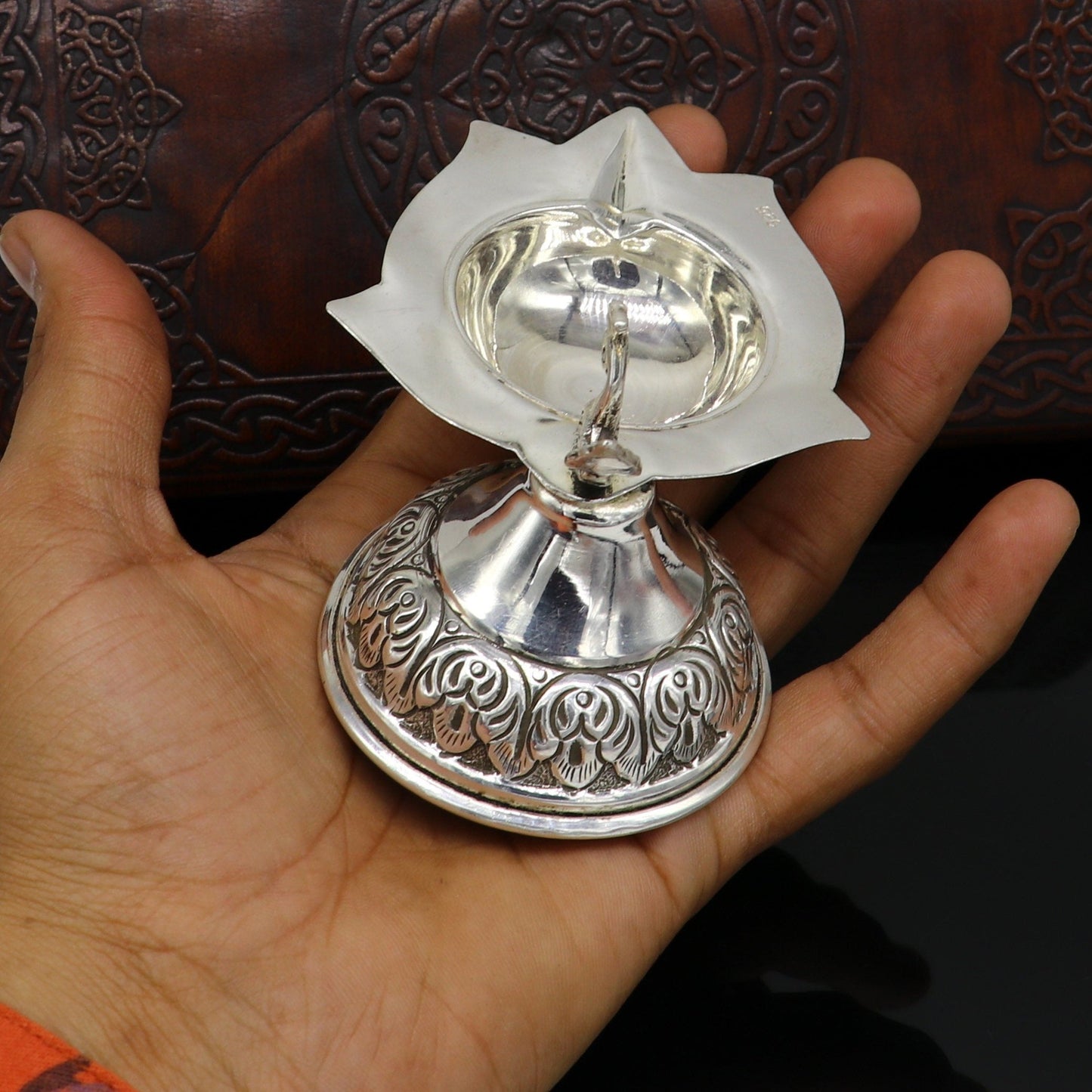 Fine 925 silver handmade kandrai work peacock design oil lamp, diya, deepak/dipak, silver utensil best gifting silver article utensils su144 - TRIBAL ORNAMENTS