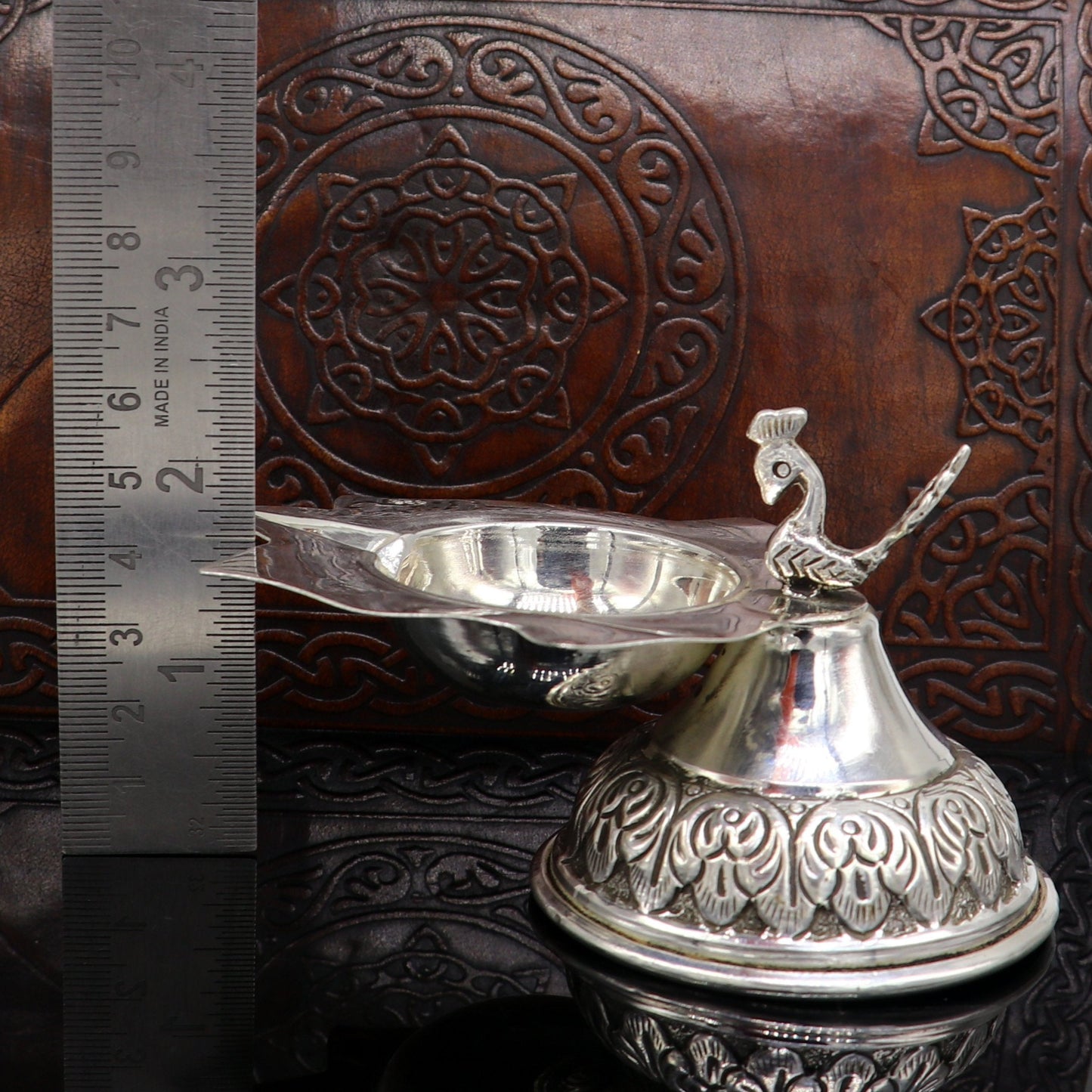 Fine 925 silver handmade kandrai work peacock design oil lamp, diya, deepak/dipak, silver utensil best gifting silver article utensils su144 - TRIBAL ORNAMENTS