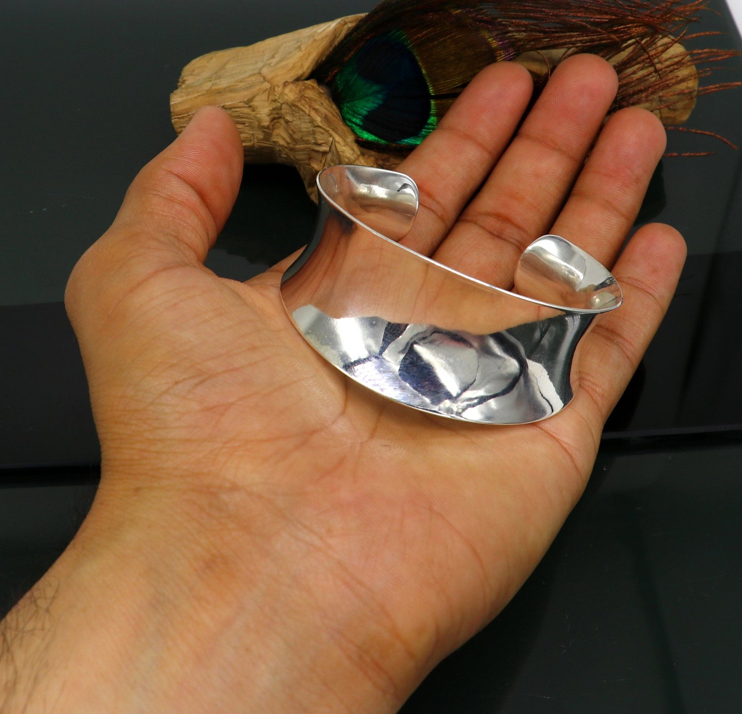 925 fine sterling silver fabulous bright shiny curved bracelet, new trendy modern fancy Bollywood style elegant cuff bangle bracelet cuff34 - TRIBAL ORNAMENTS