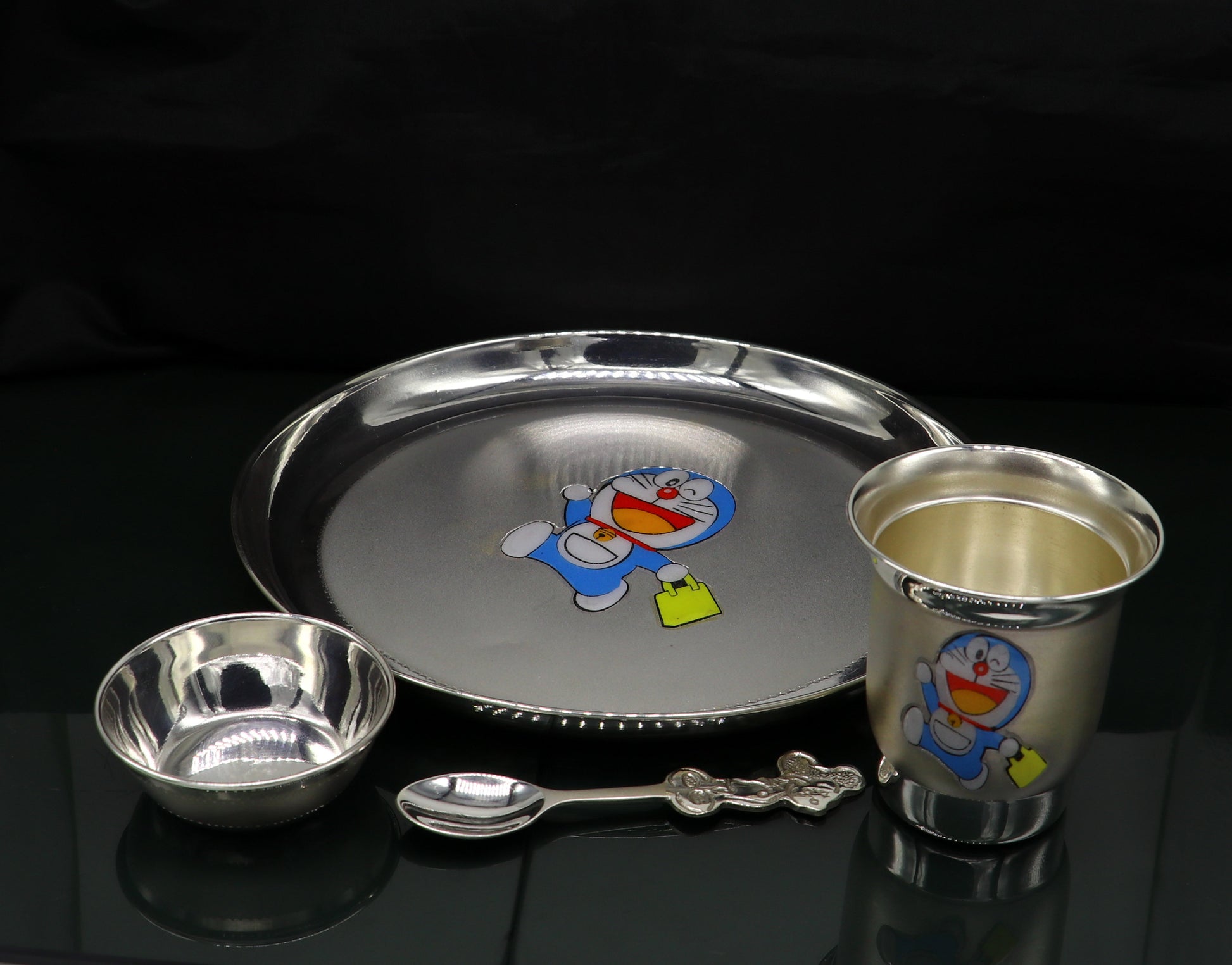 925 fine silver combo bowl, spoon ,Water/milk tumbler and plate/tray, silver baby dinner set utensils, best gifting utensils ideas sv131 - TRIBAL ORNAMENTS