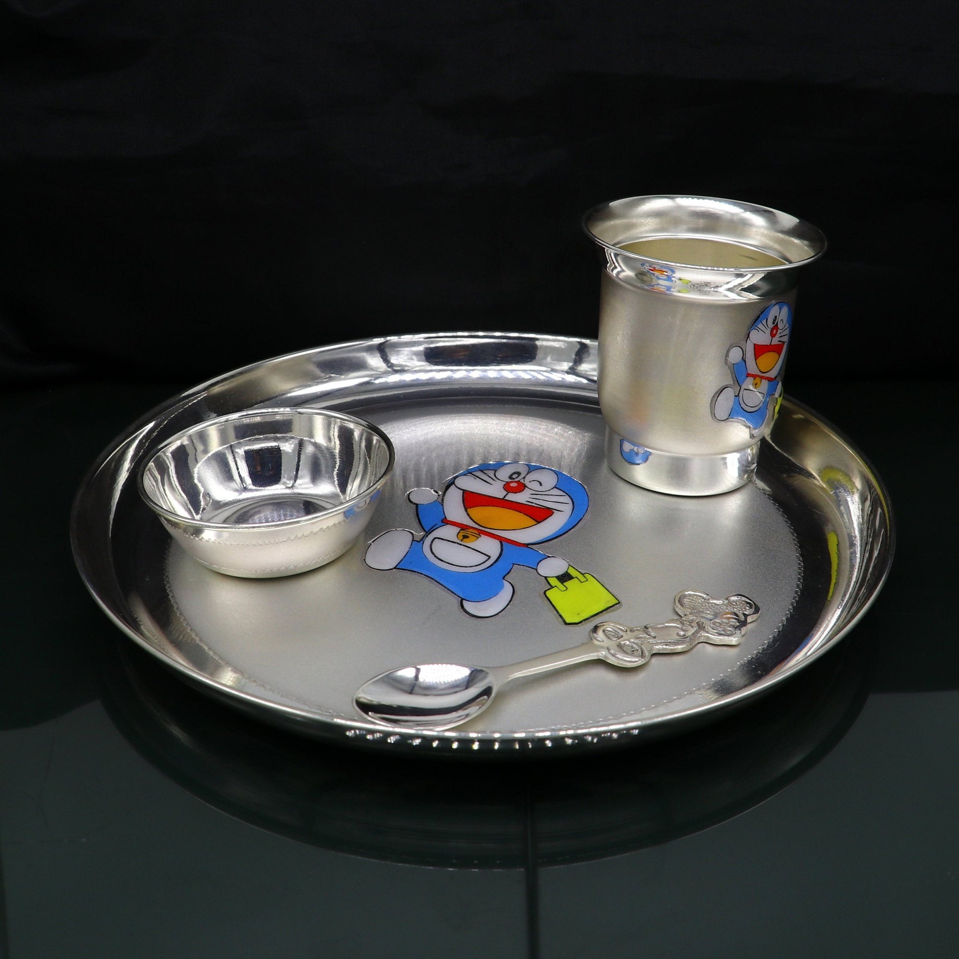 925 fine silver combo bowl, spoon ,Water/milk tumbler and plate/tray, silver baby dinner set utensils, best gifting utensils ideas sv131 - TRIBAL ORNAMENTS