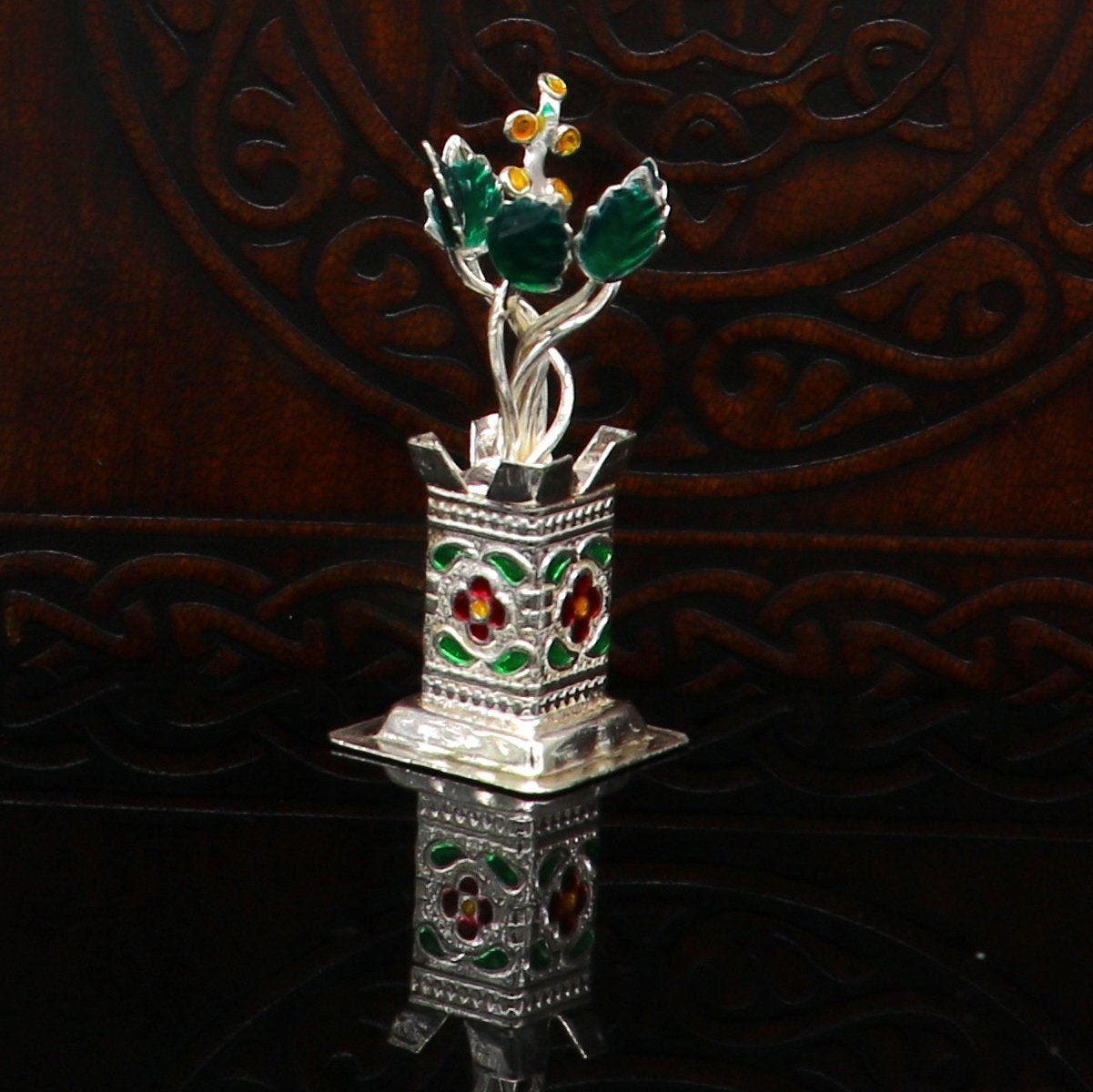 925 sterling silver handmade mini tulsi plant basil rosary plant for puja temple article, excellent customized silver utensils art su158 - TRIBAL ORNAMENTS