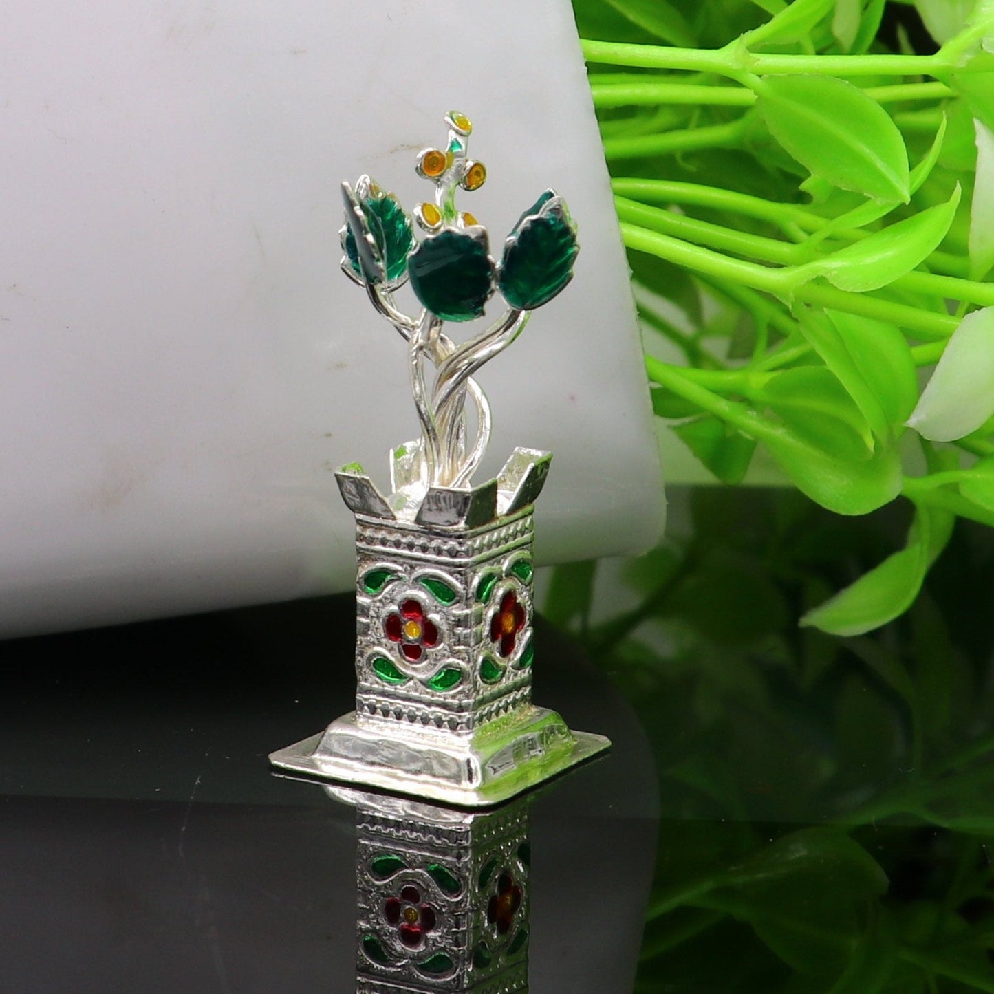 925 sterling silver handmade mini tulsi plant basil rosary plant for puja temple article, excellent customized silver utensils art su158 - TRIBAL ORNAMENTS
