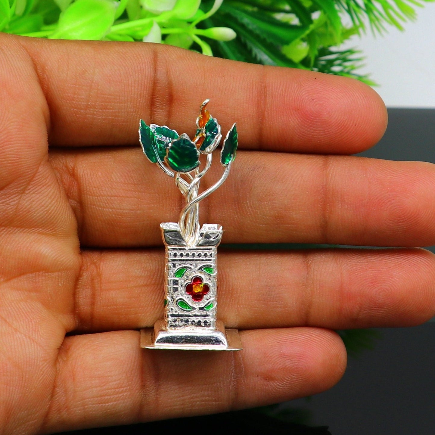 925 sterling silver handmade mini tulsi plant basil rosary plant for puja temple article, excellent customized silver utensils art su158 - TRIBAL ORNAMENTS