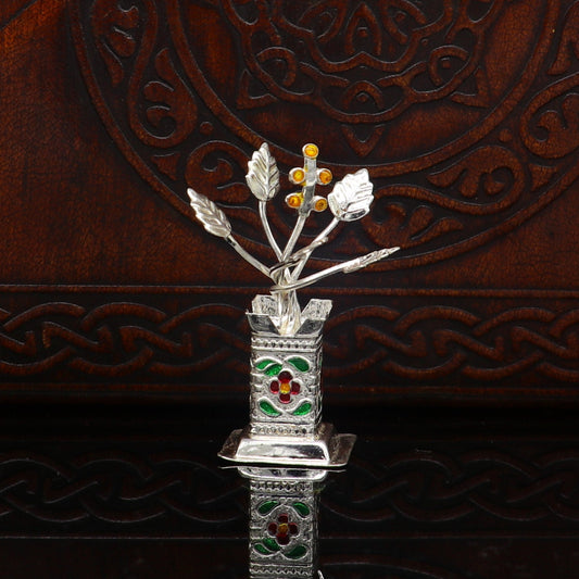 925 sterling silver handmade mini tulsi plant basil rosary plant for puja temple article, excellent customized silver utensils art su171 - TRIBAL ORNAMENTS