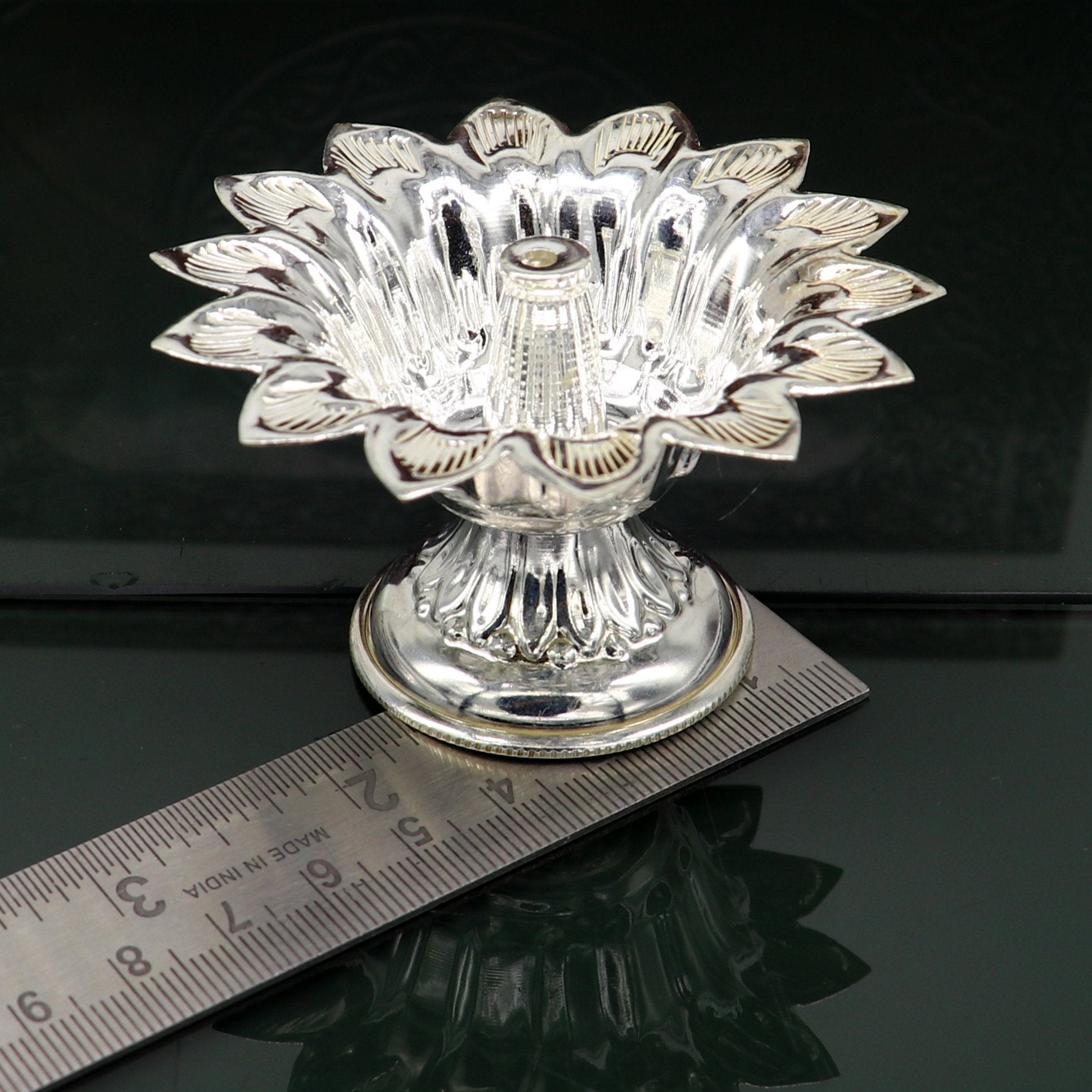 Fine 999 silver handmade flower shape oil lamp, silver temple utensils, silver diya, deepak, silver vessels, silver art decorative art su174 - TRIBAL ORNAMENTS