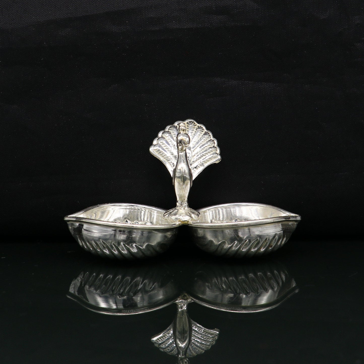 Vintage design handmade 925 sterling silver gorgeous peacock style tilak combo bowl, tilak patra, puja utensils, temple article su178 - TRIBAL ORNAMENTS