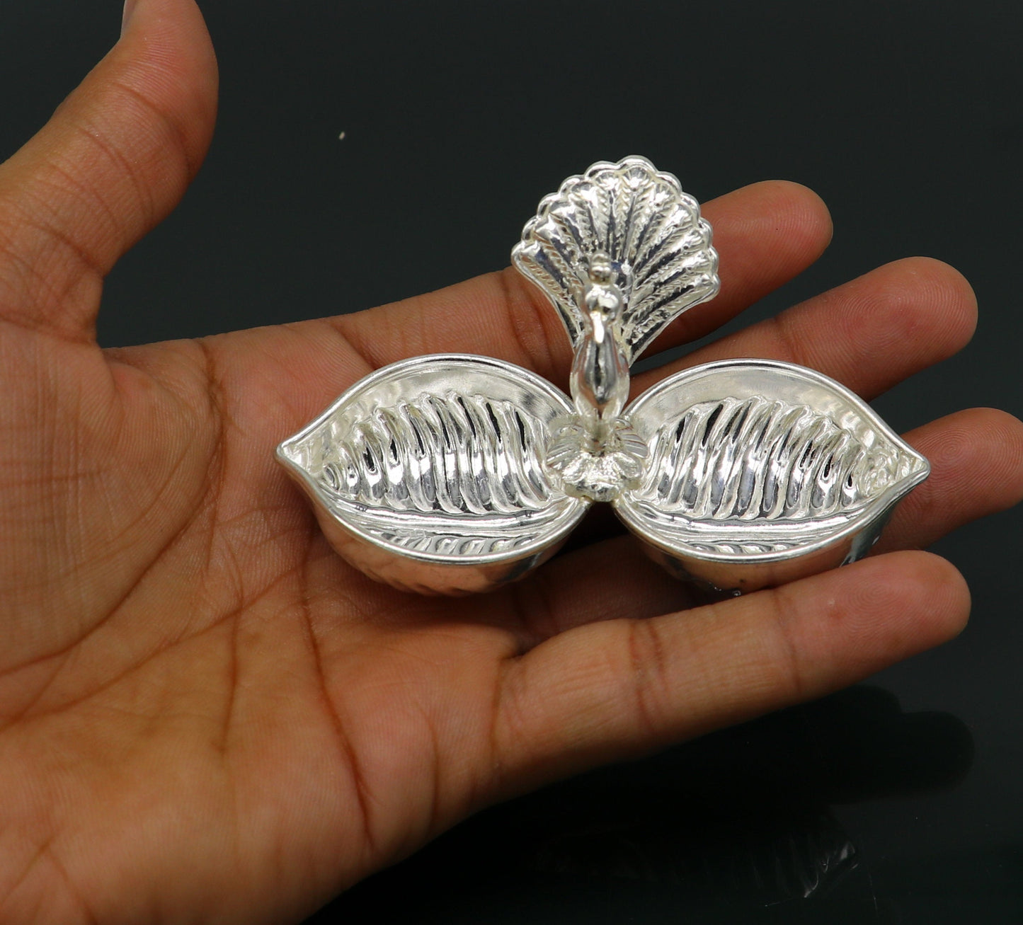 Vintage design handmade 925 sterling silver gorgeous peacock style tilak combo bowl, tilak patra, puja utensils, temple article su178 - TRIBAL ORNAMENTS