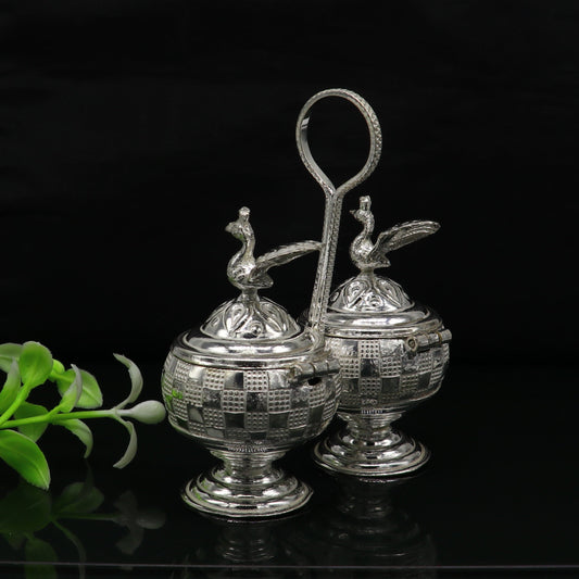 Vintage 925 sterling silver peacock trinket box, excellent kumkum/ sindur, sandal, saffron tilak box, brides gift or puja utensils su183 - TRIBAL ORNAMENTS