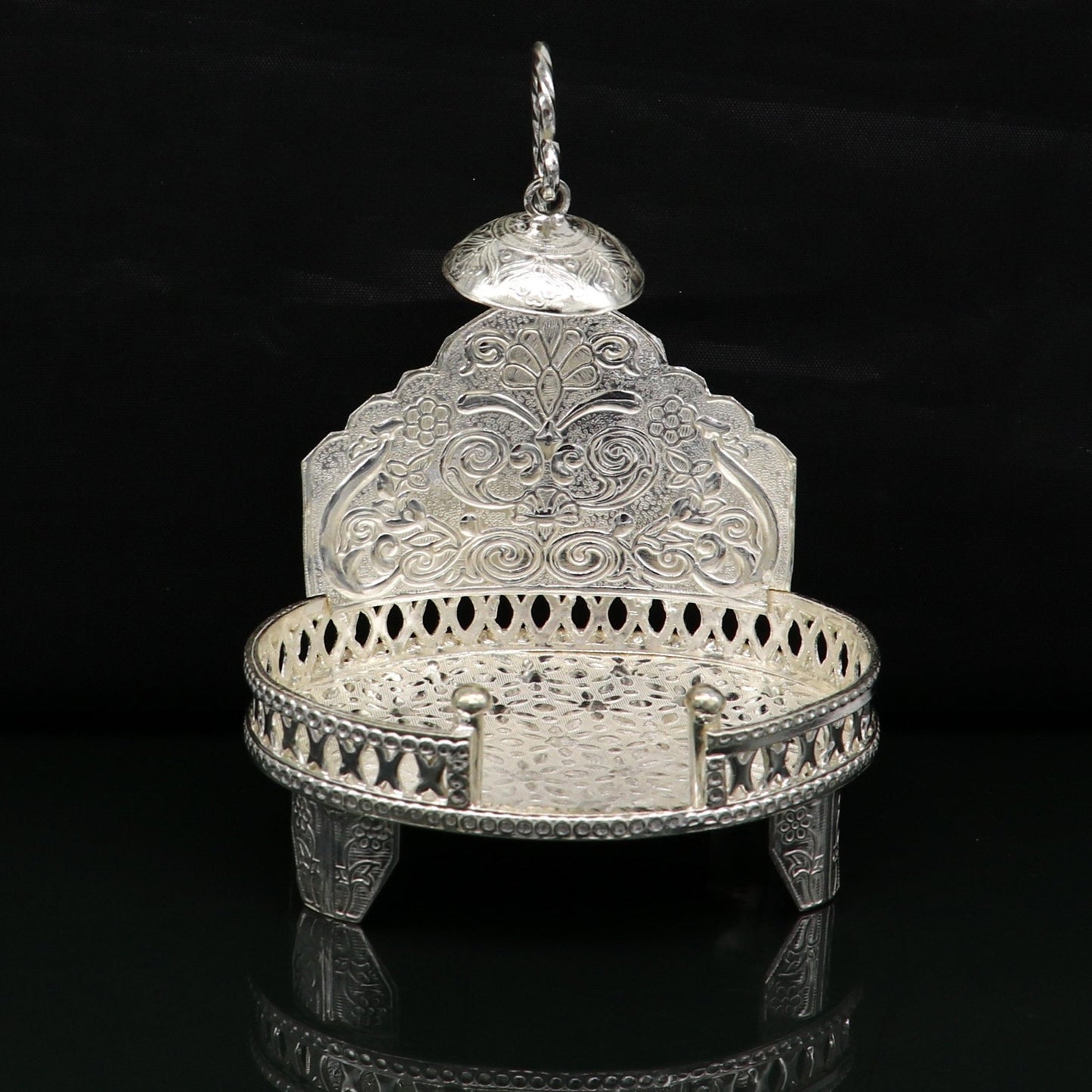 925 pure sterling silver handcrafted sinhasan, idol krishna Bal Gopala throne, god statue's stand chair, temple art puja article su184 - TRIBAL ORNAMENTS