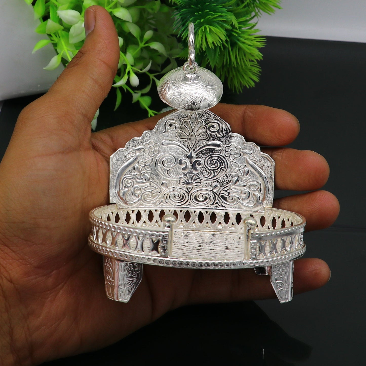 925 pure sterling silver handcrafted sinhasan, idol krishna Bal Gopala throne, god statue's stand chair, temple art puja article su184 - TRIBAL ORNAMENTS