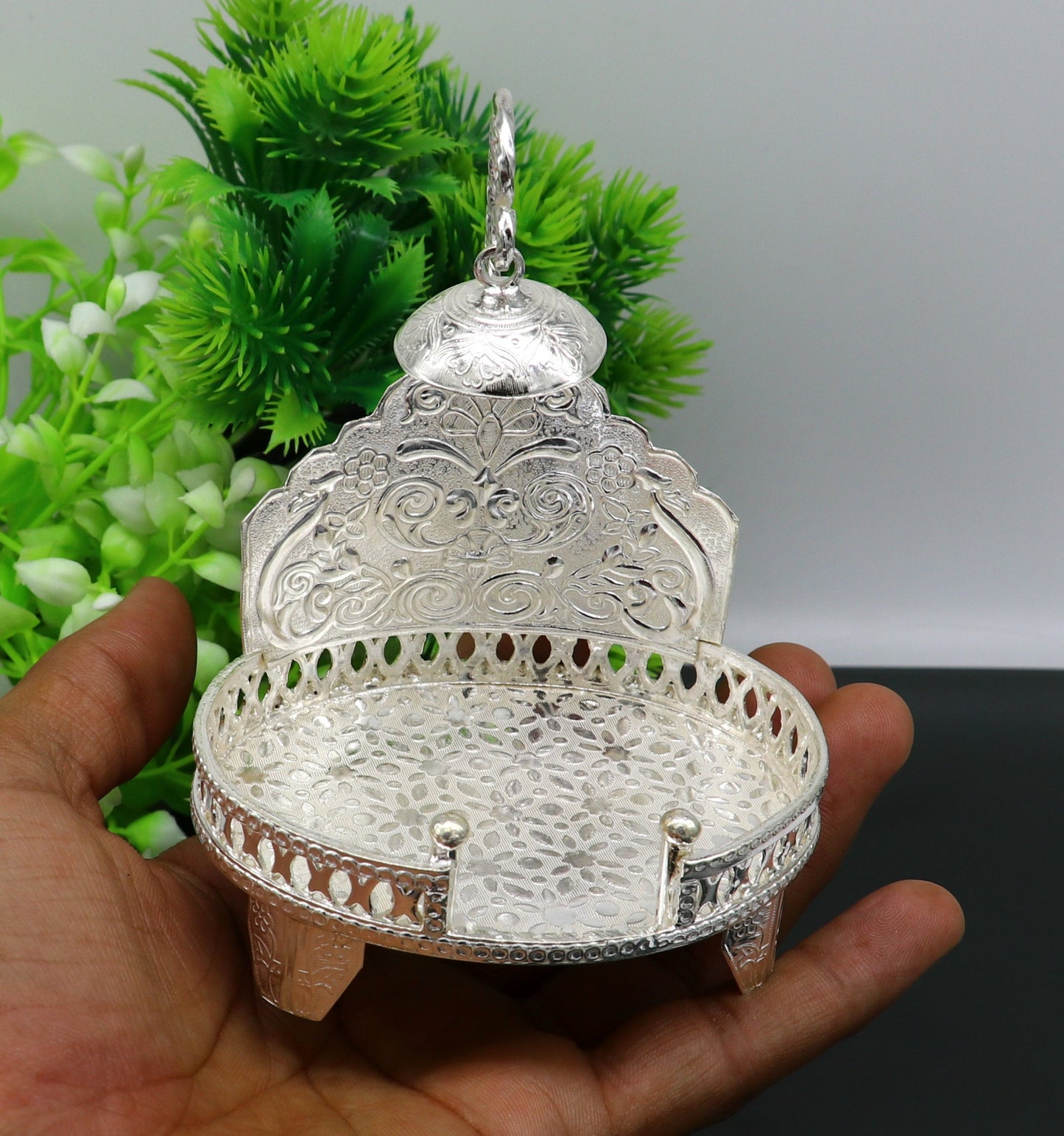 925 pure sterling silver handcrafted sinhasan, idol krishna Bal Gopala throne, god statue's stand chair, temple art puja article su184 - TRIBAL ORNAMENTS