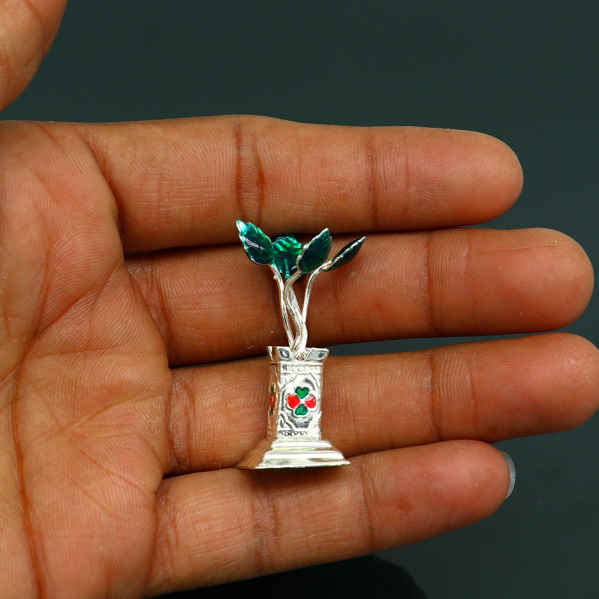 Unique 925 sterling silver handmade mini tulsi plant basil rosary plant, puja temple article, customized silver utensils article art su221 - TRIBAL ORNAMENTS